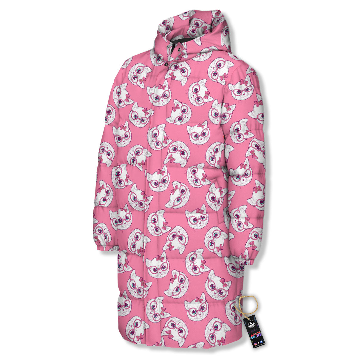 Girly Cat With Glasses Print Pattern Long Down Jacket-grizzshop