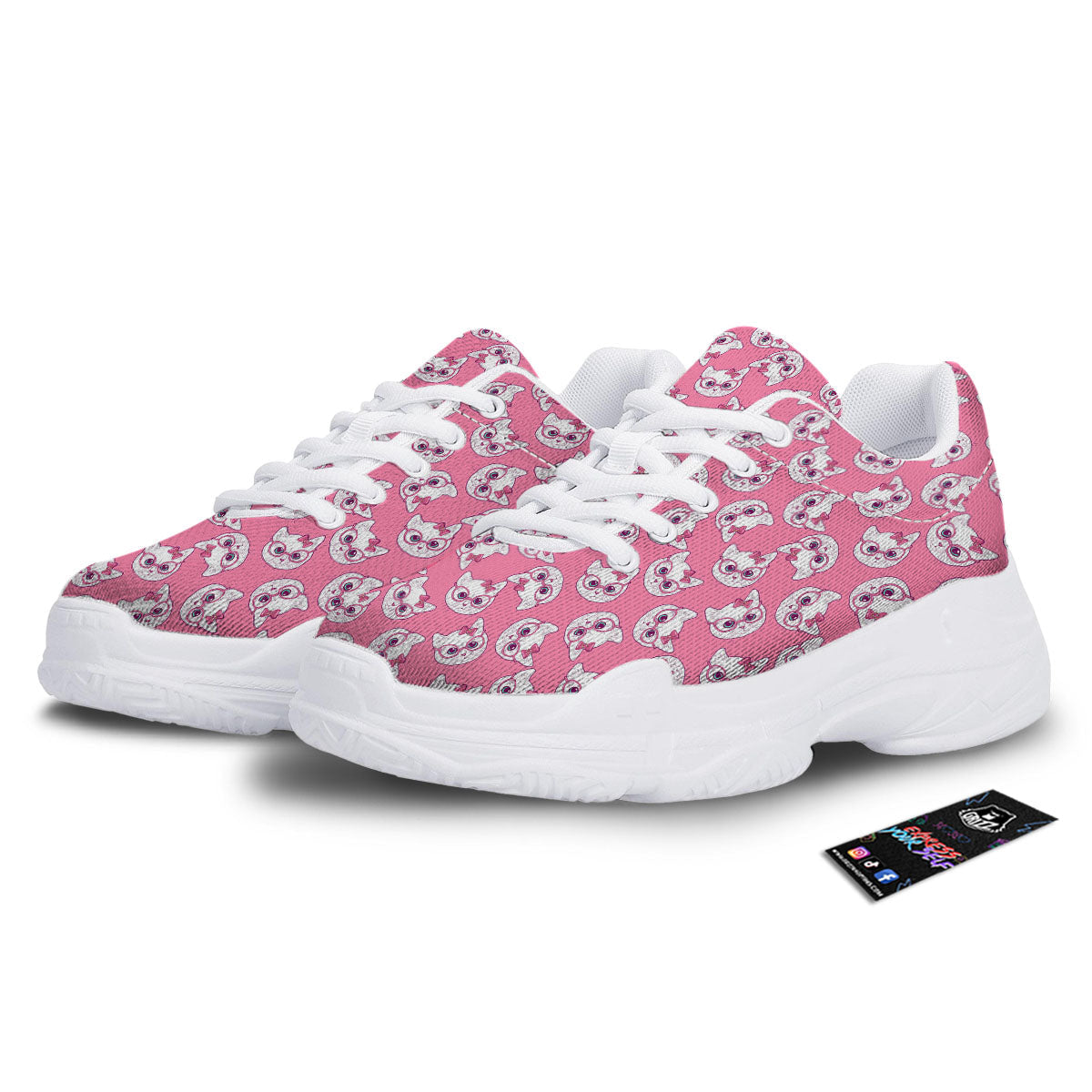 Girly Cat With Glasses Print Pattern White Chunky Shoes-grizzshop