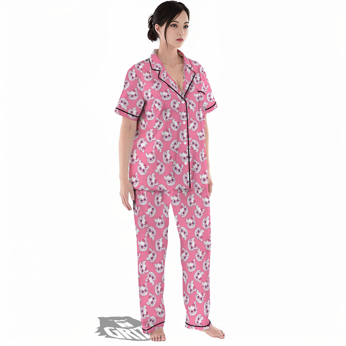 Girly Cat With Glasses Print Pattern Women's Pajamas Set-grizzshop