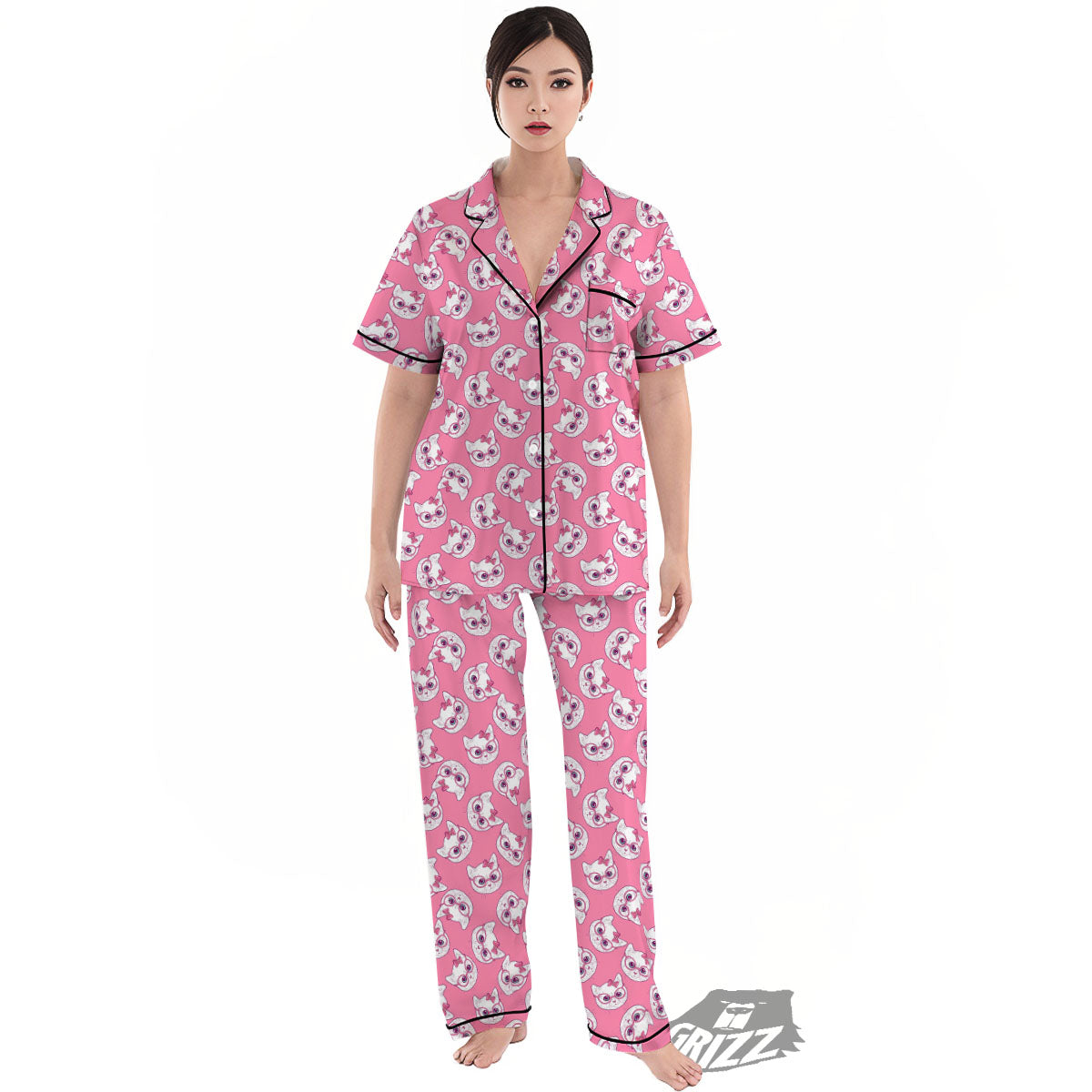 Girly Cat With Glasses Print Pattern Women's Pajamas Set-grizzshop