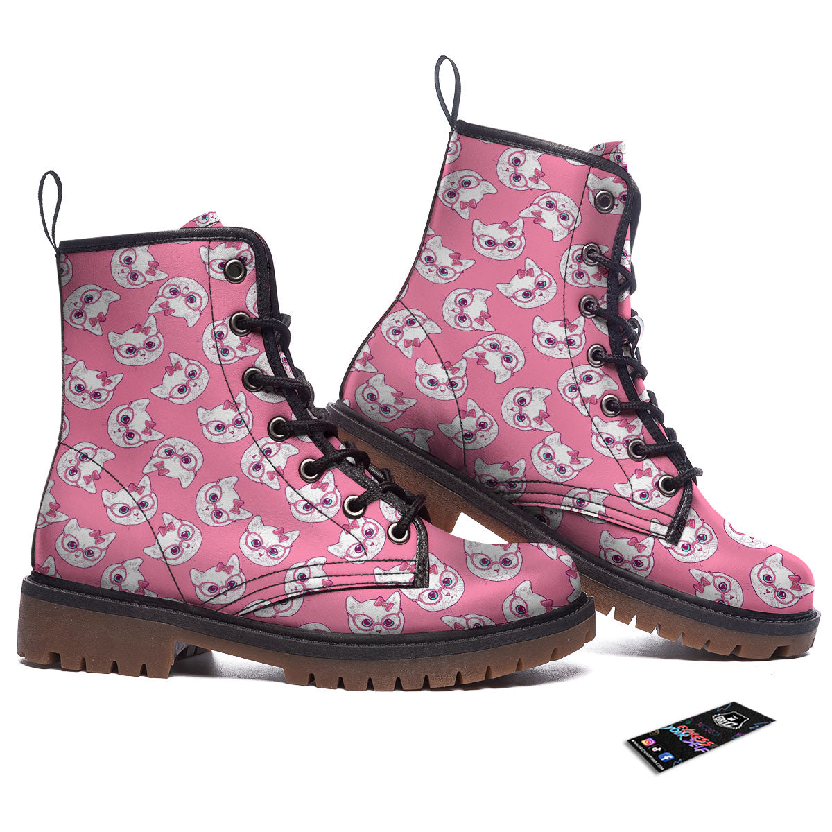 Girly Cat With Glasses Print Pattern Work Boots-grizzshop