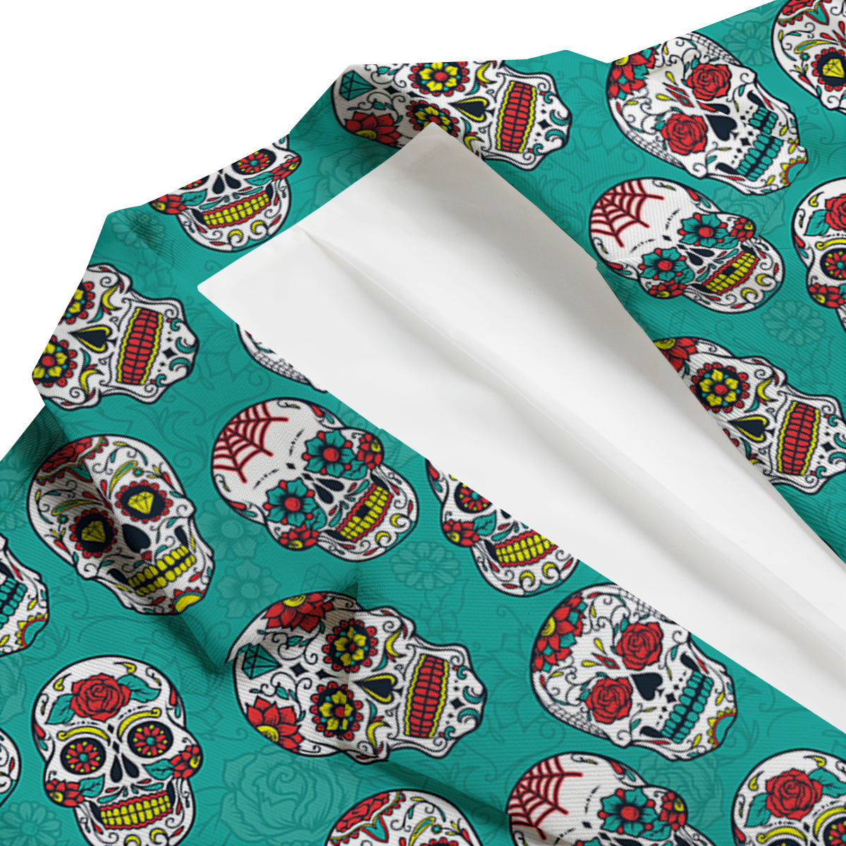 Girly Floral Rose Sugar Skull Skeleton Pattern Print Men's Blazer-grizzshop
