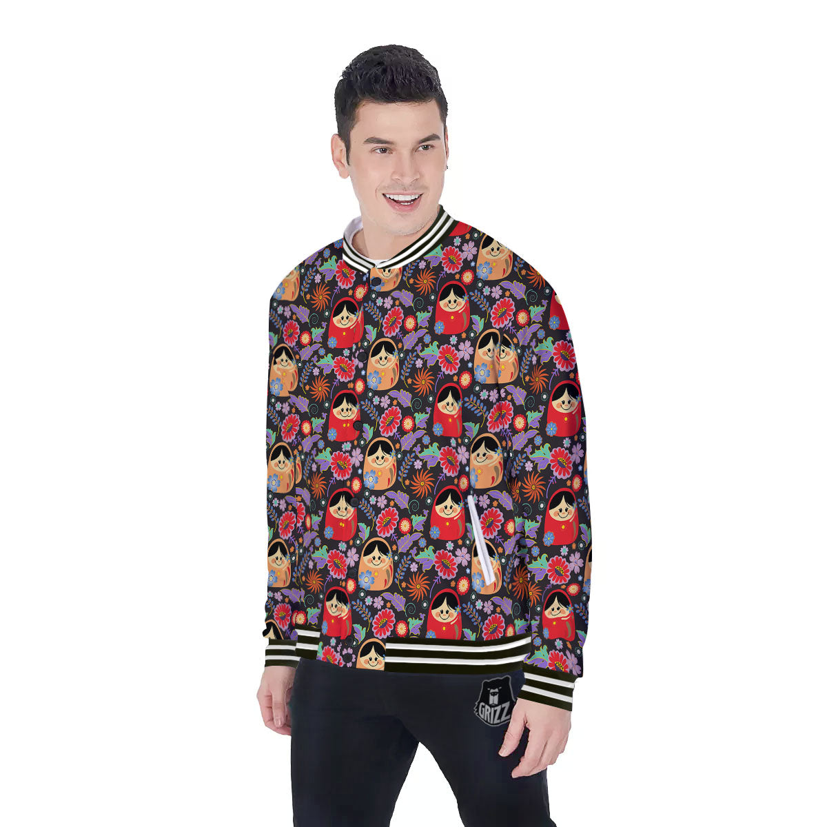 Girly Flower Pink Print Pattern Baseball Jacket-grizzshop
