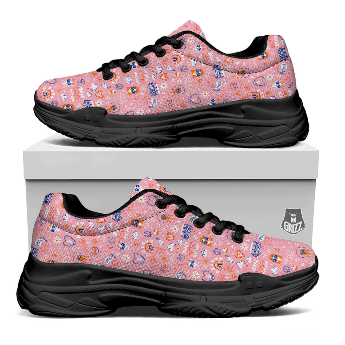 Girly Love And Peace Sign Print Pattern Black Chunky Shoes-grizzshop