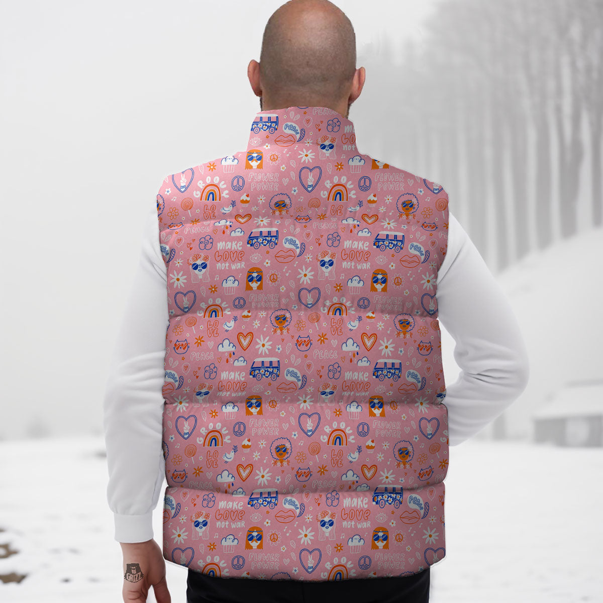 Girly Love And Peace Sign Print Pattern Down Vest