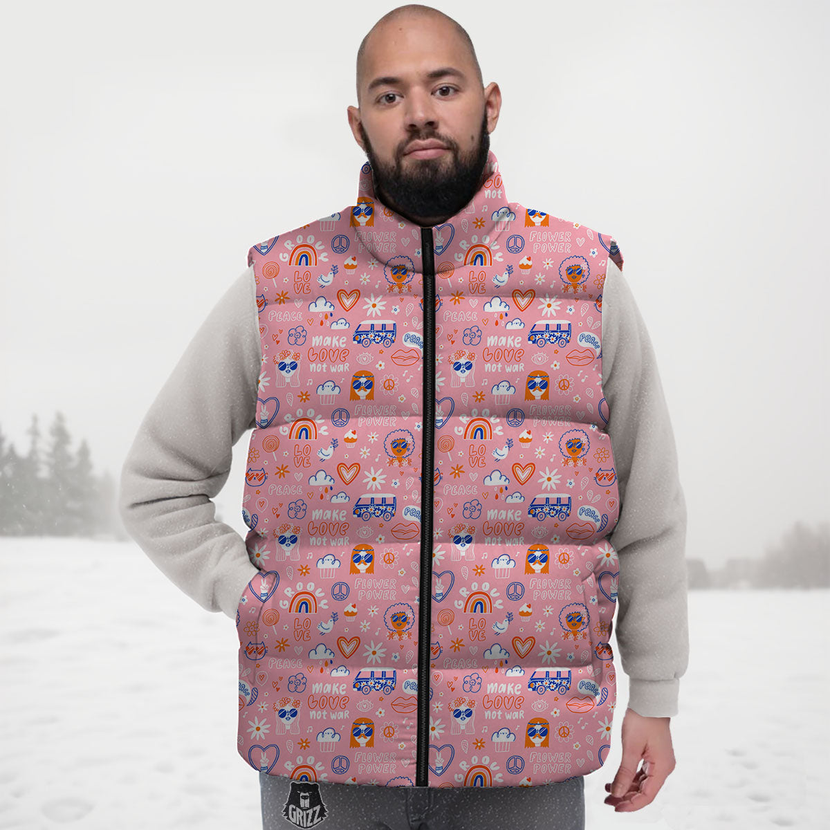 Girly Love And Peace Sign Print Pattern Down Vest