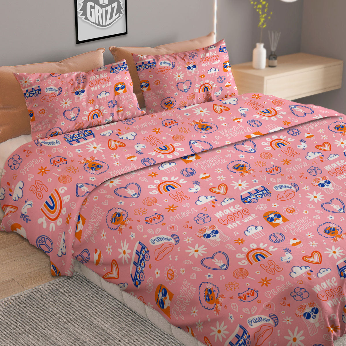 Girly Love And Peace Sign Print Pattern Duvet Cover Bedding Set