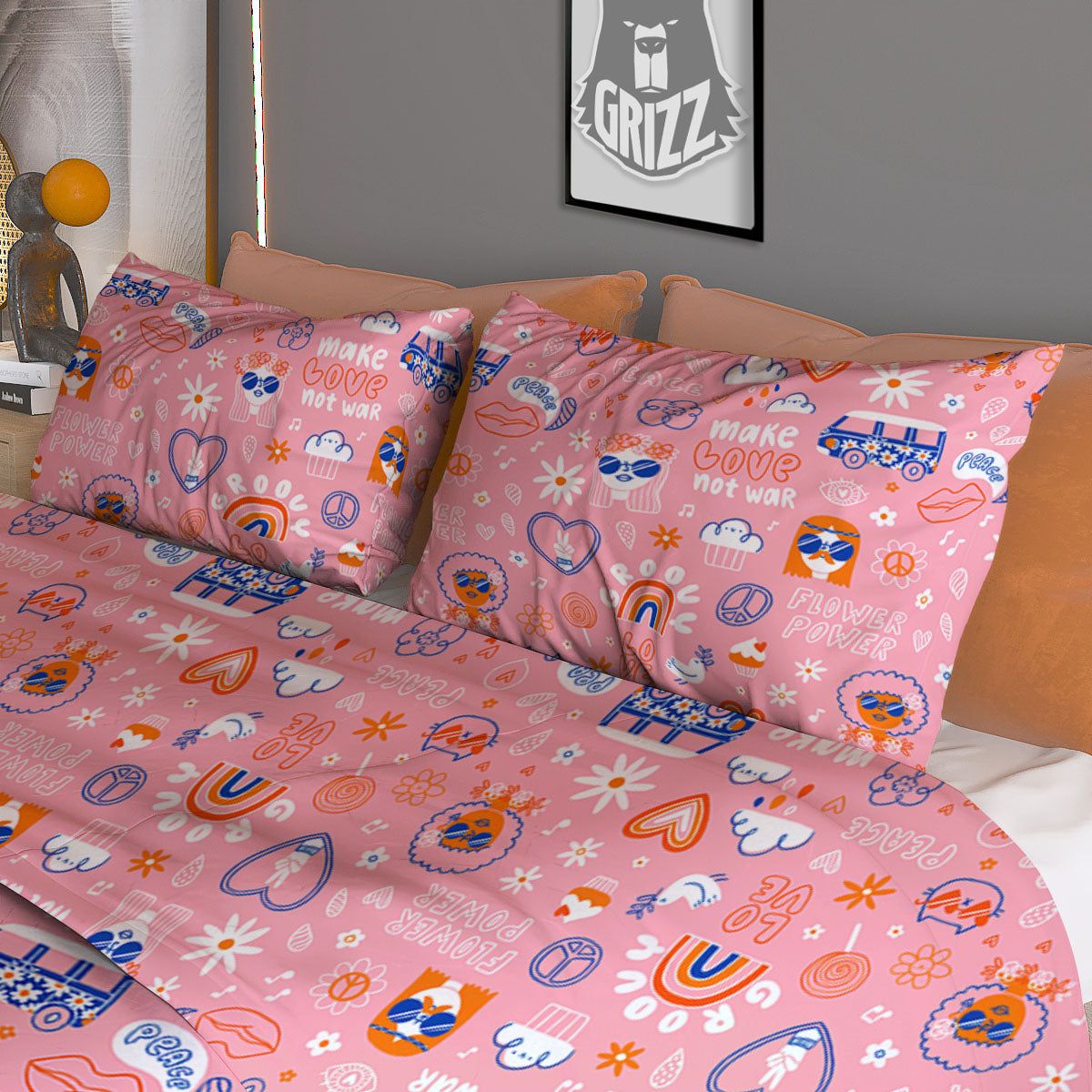Girly Love And Peace Sign Print Pattern Duvet Cover Bedding Set