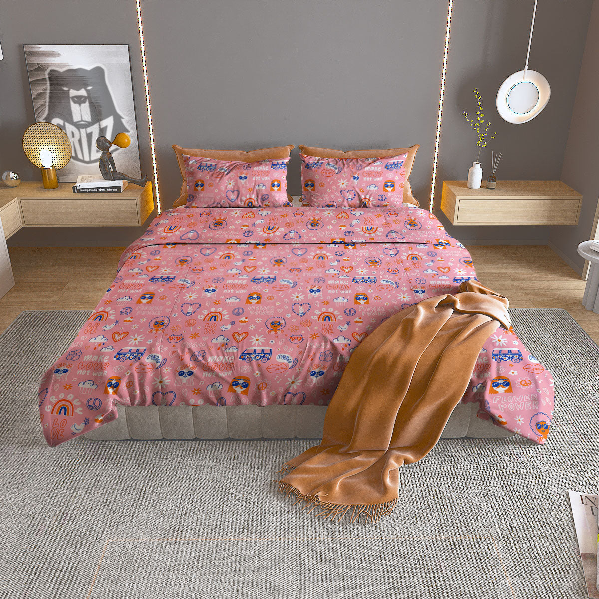 Girly Love And Peace Sign Print Pattern Duvet Cover Bedding Set