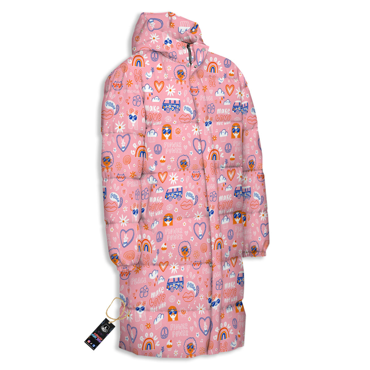 Girly Love And Peace Sign Print Pattern Long Down Jacket-grizzshop