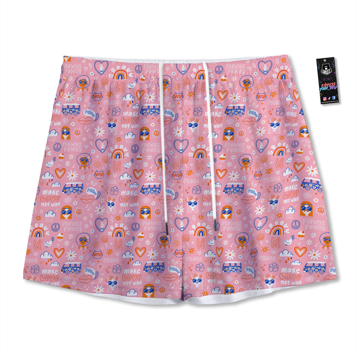 Girly Love And Peace Sign Print Pattern Mesh Shorts