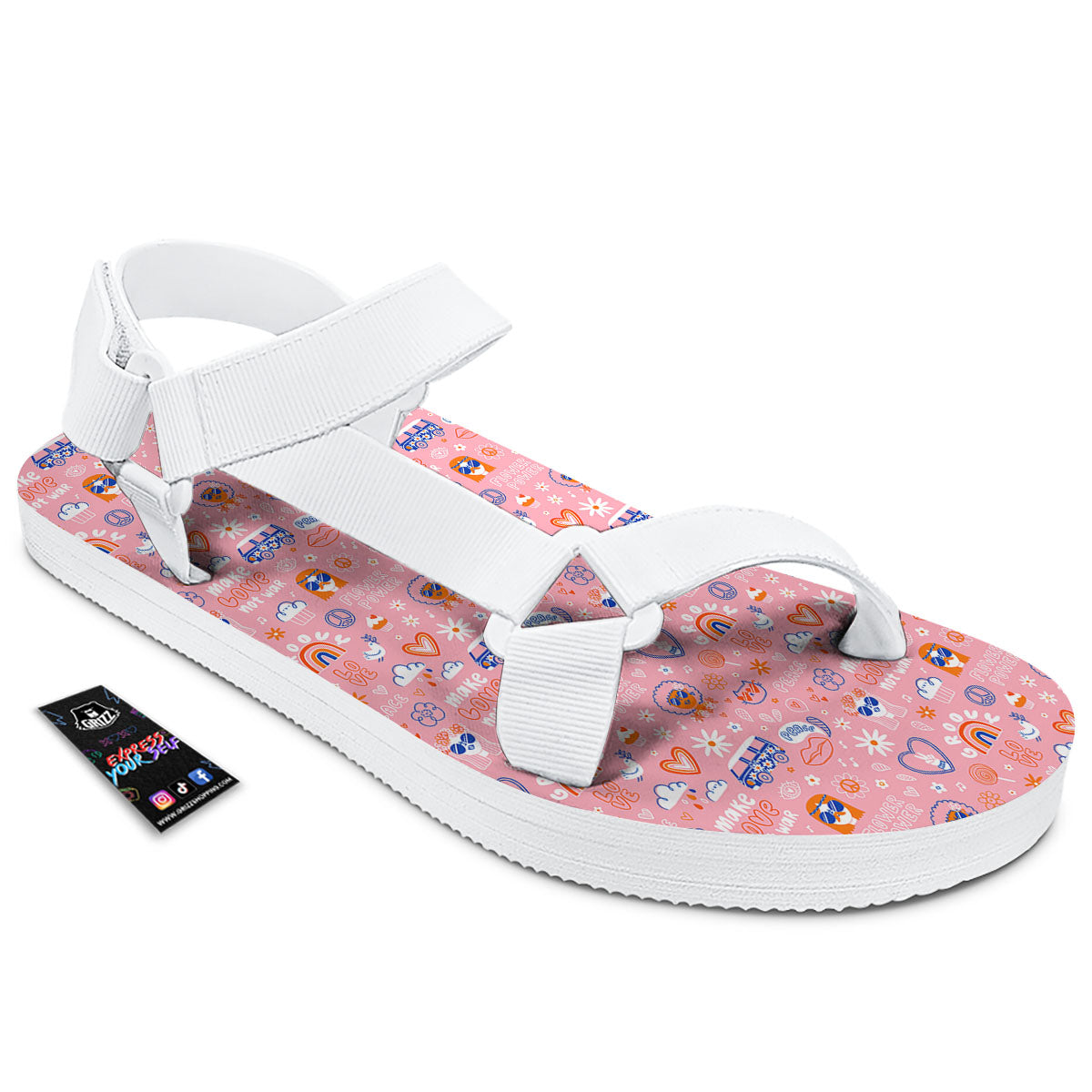 Girly Love And Peace Sign Print Pattern White Open Toe Sandals-grizzshop