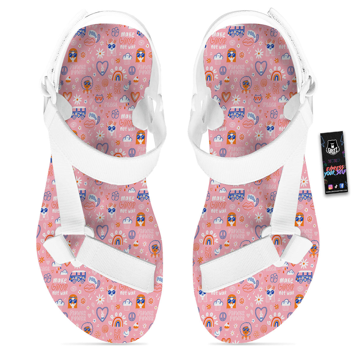 Girly Love And Peace Sign Print Pattern White Open Toe Sandals-grizzshop