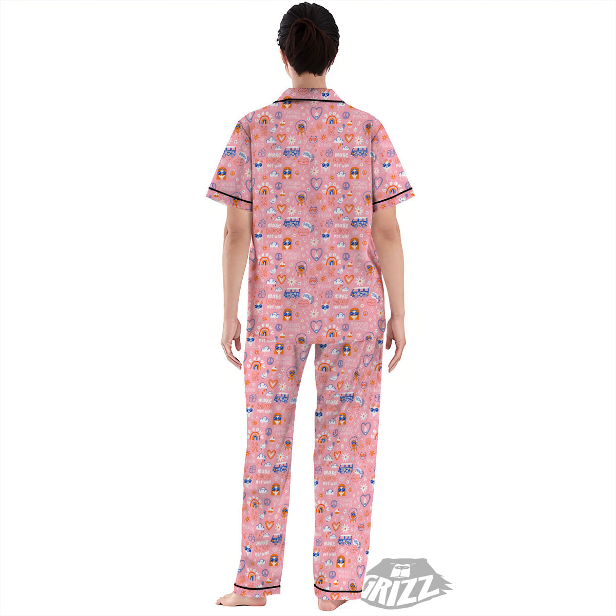 Girly Love And Peace Sign Print Pattern Women's Pajamas Set-grizzshop
