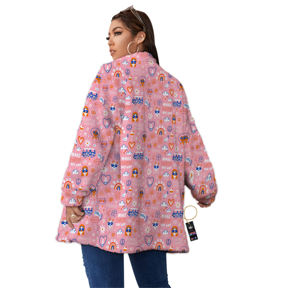 Girly Love And Peace Sign Print Pattern Women's Sherpa Jacket-grizzshop