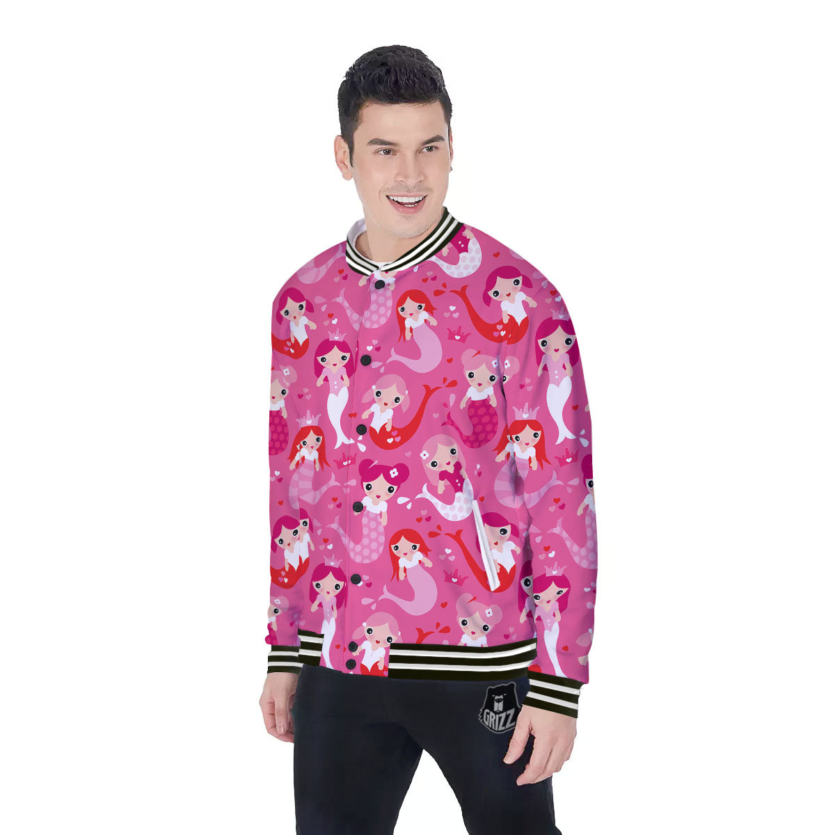 Girly Mermaid Pink Print Pattern Baseball Jacket-grizzshop