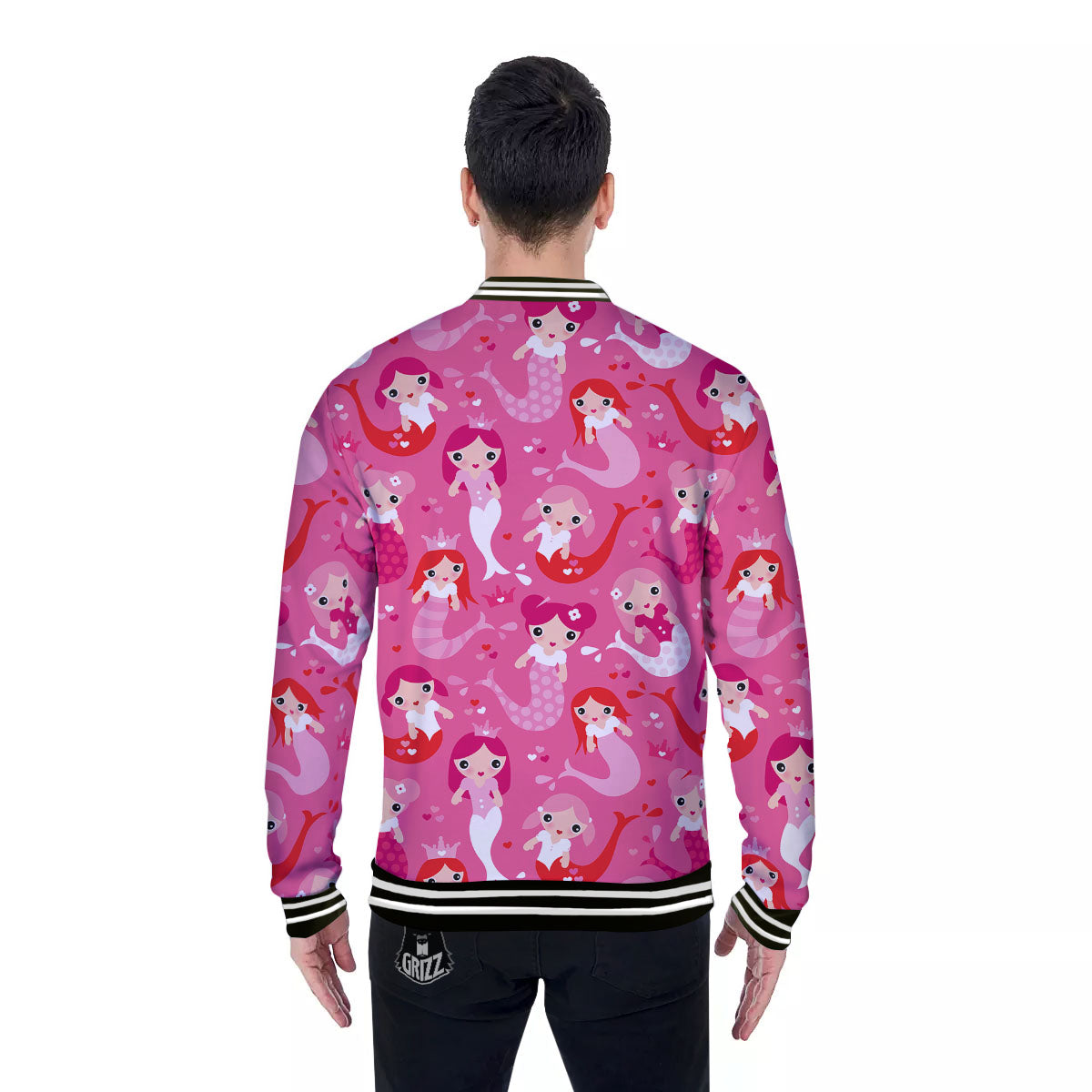 Girly Mermaid Pink Print Pattern Baseball Jacket-grizzshop