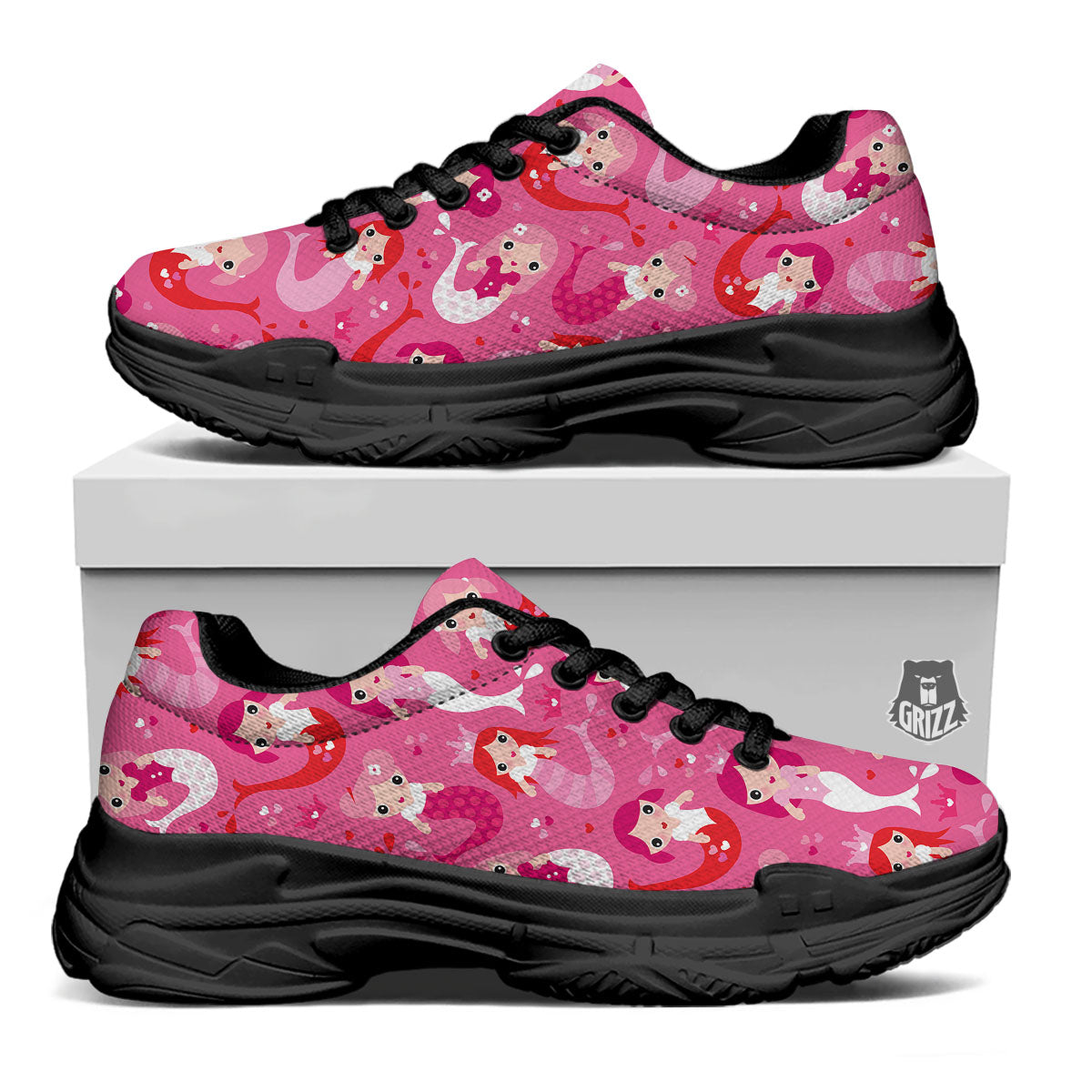 Girly Mermaid Pink Print Pattern Black Chunky Shoes-grizzshop
