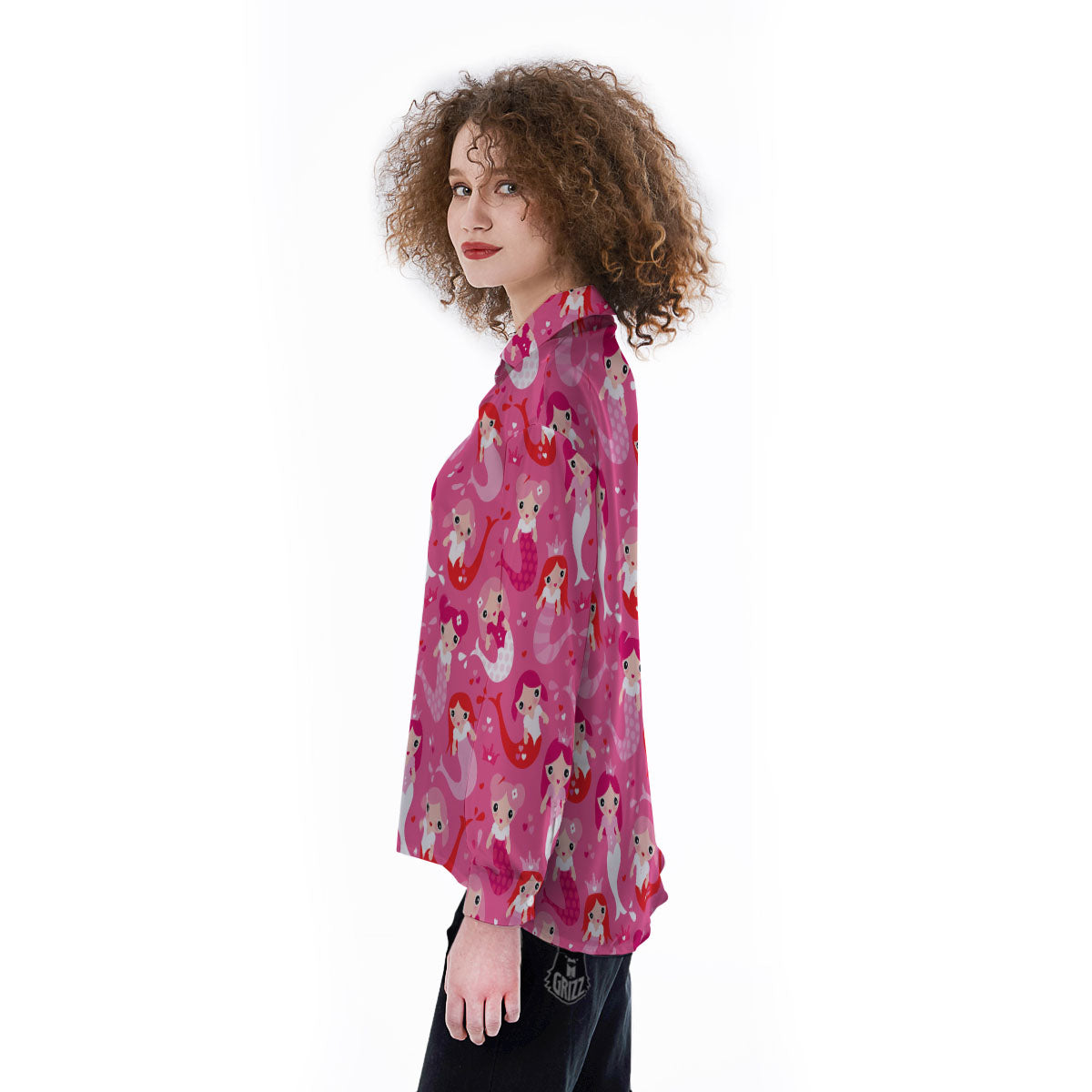 Girly Mermaid Pink Print Pattern Women's Long Sleeve Shirts-grizzshop