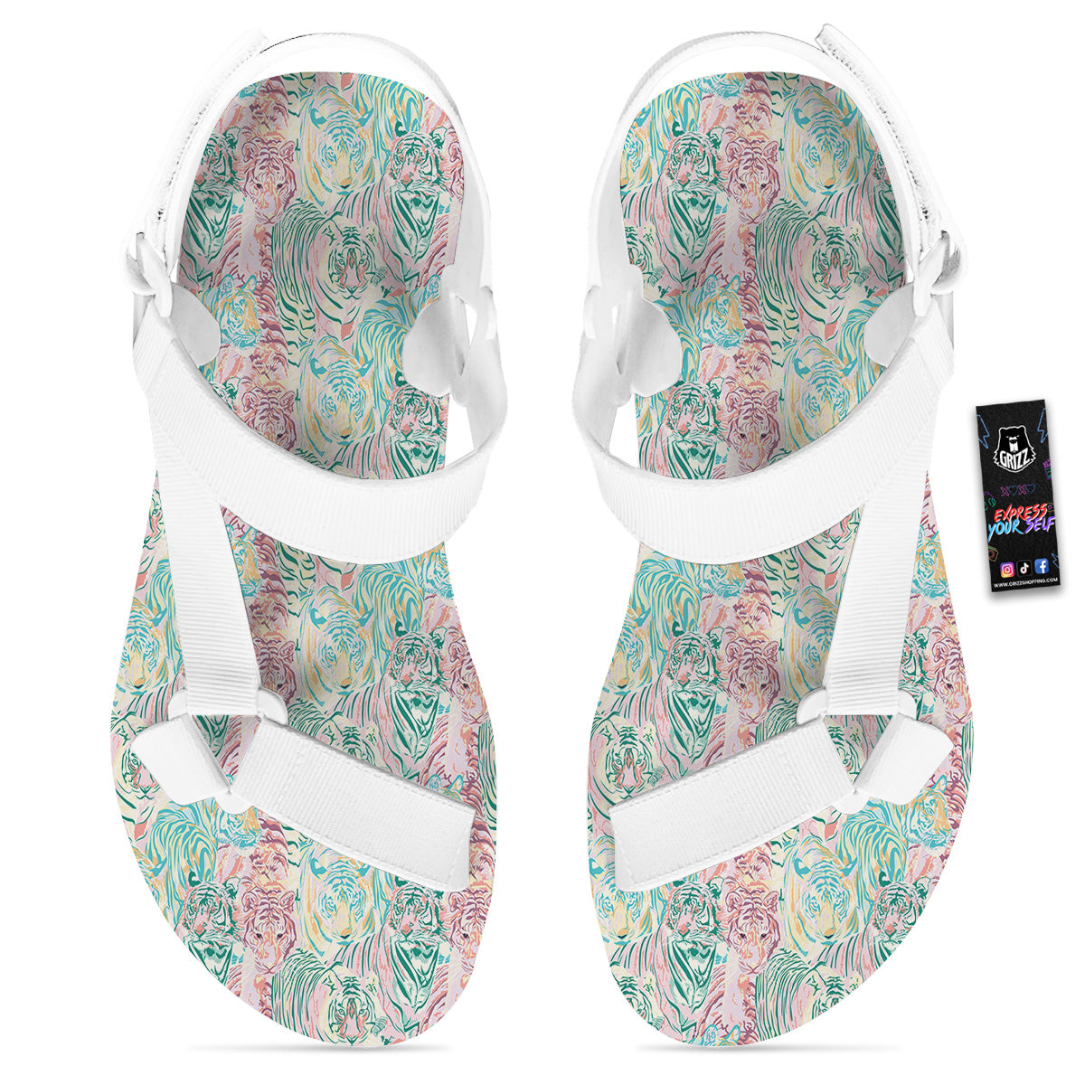 Girly Tigers Pastel Print Pattern White Open Toe Sandals-grizzshop
