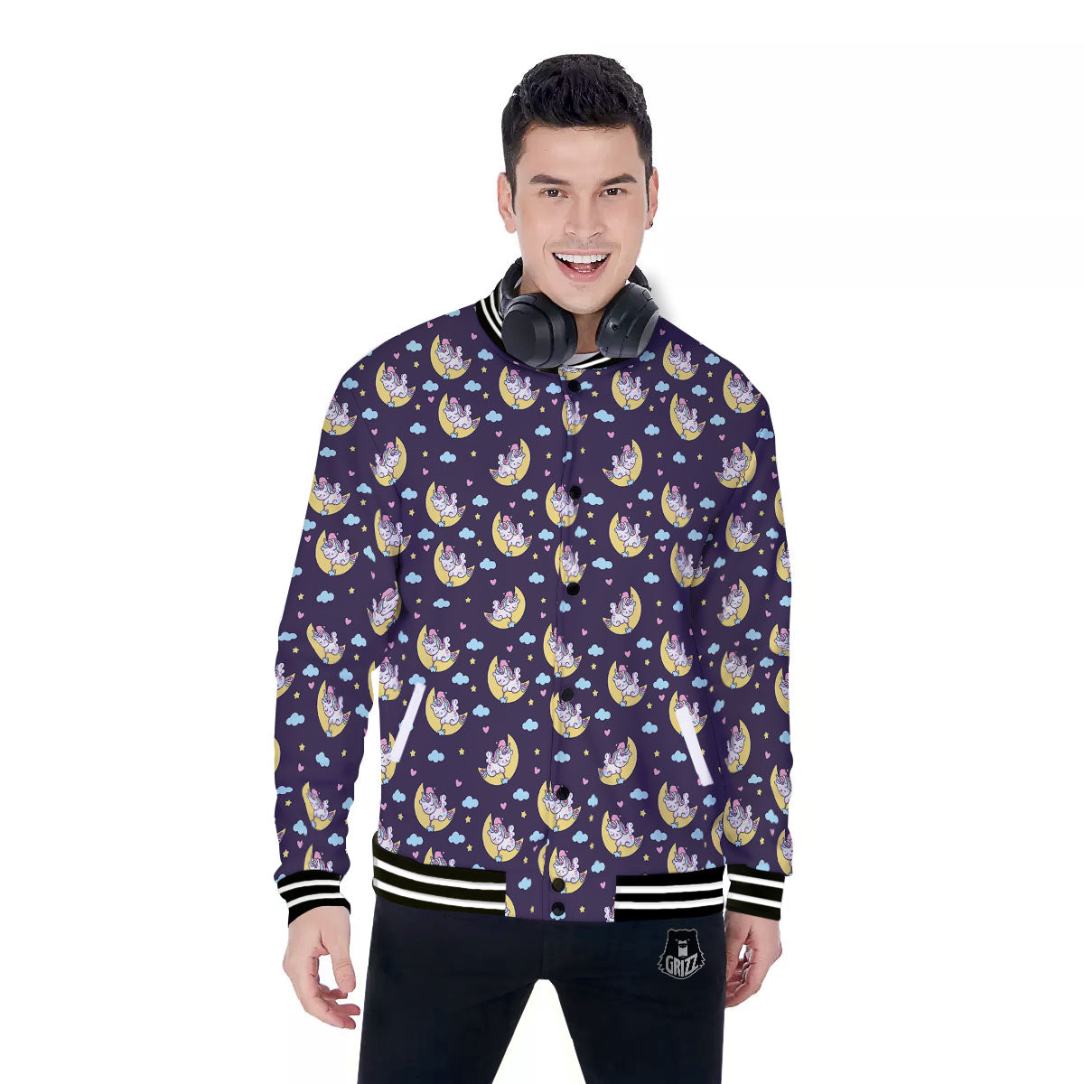 Girly Unicorn Night Print Pattern Baseball Jacket-grizzshop