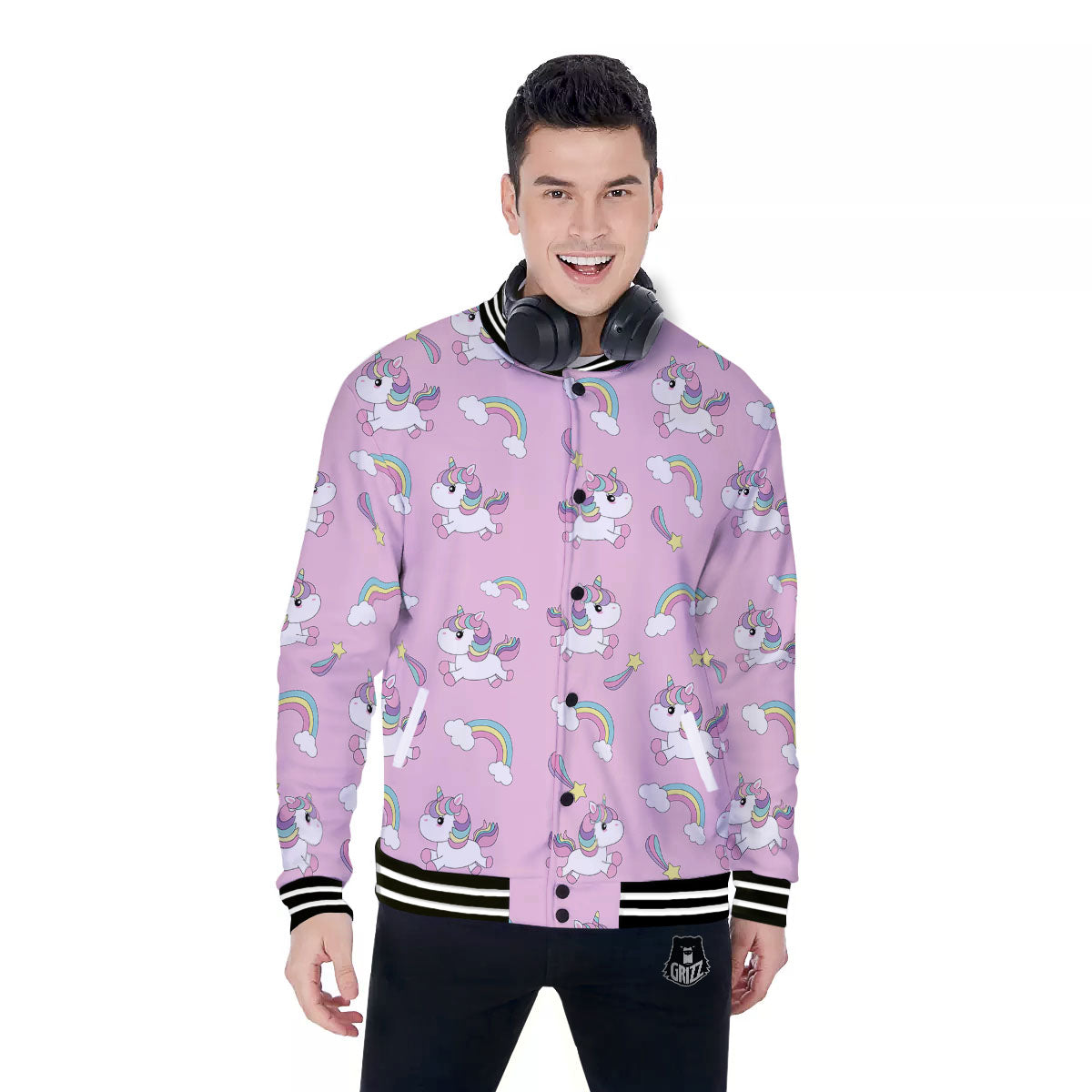 Girly Unicorn Pink Print Pattern Baseball Jacket-grizzshop