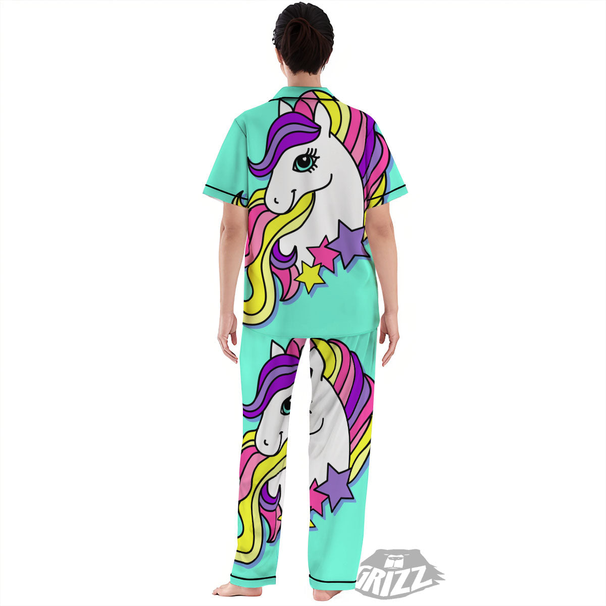 Girly Unicorn Teal Print Women's Pajamas Set-grizzshop