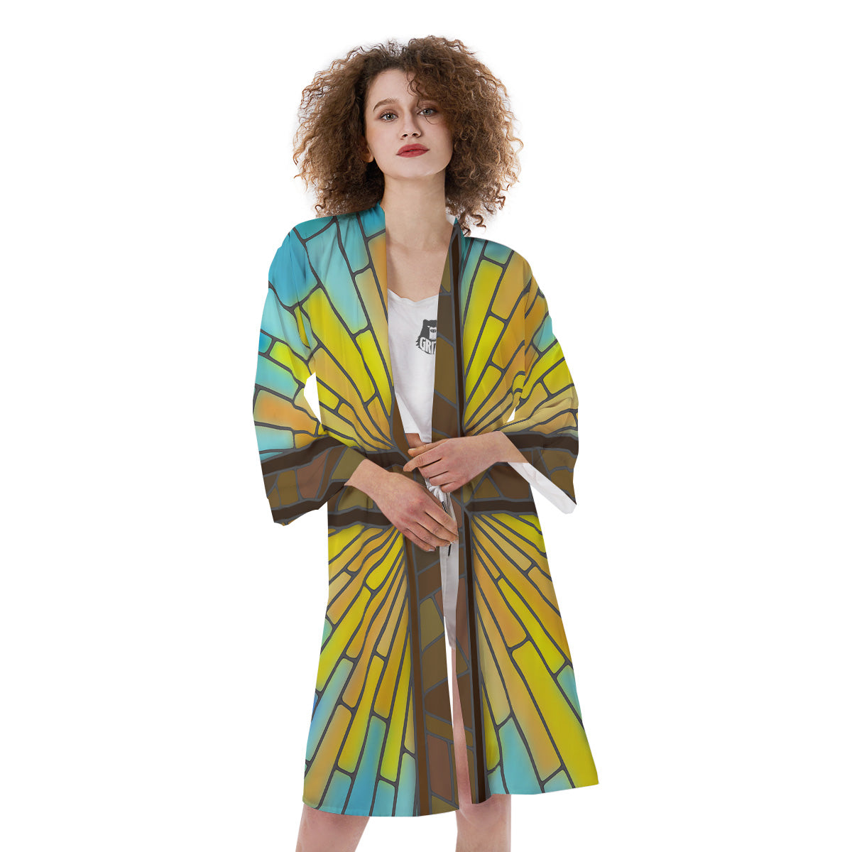 Glass Cross Blue Stained Print Kimono-grizzshop