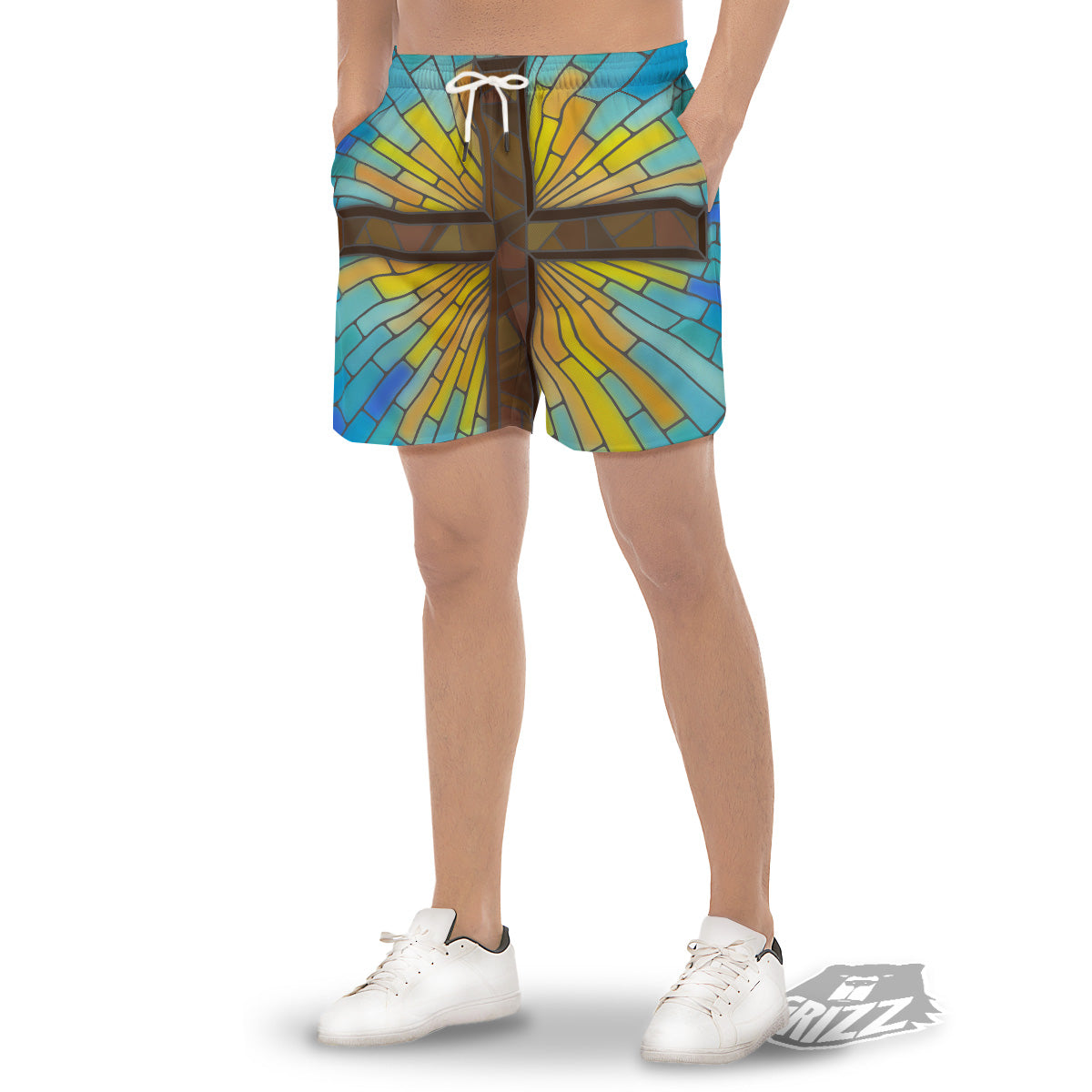 Glass Cross Blue Stained Print Men's Gym Shorts-grizzshop