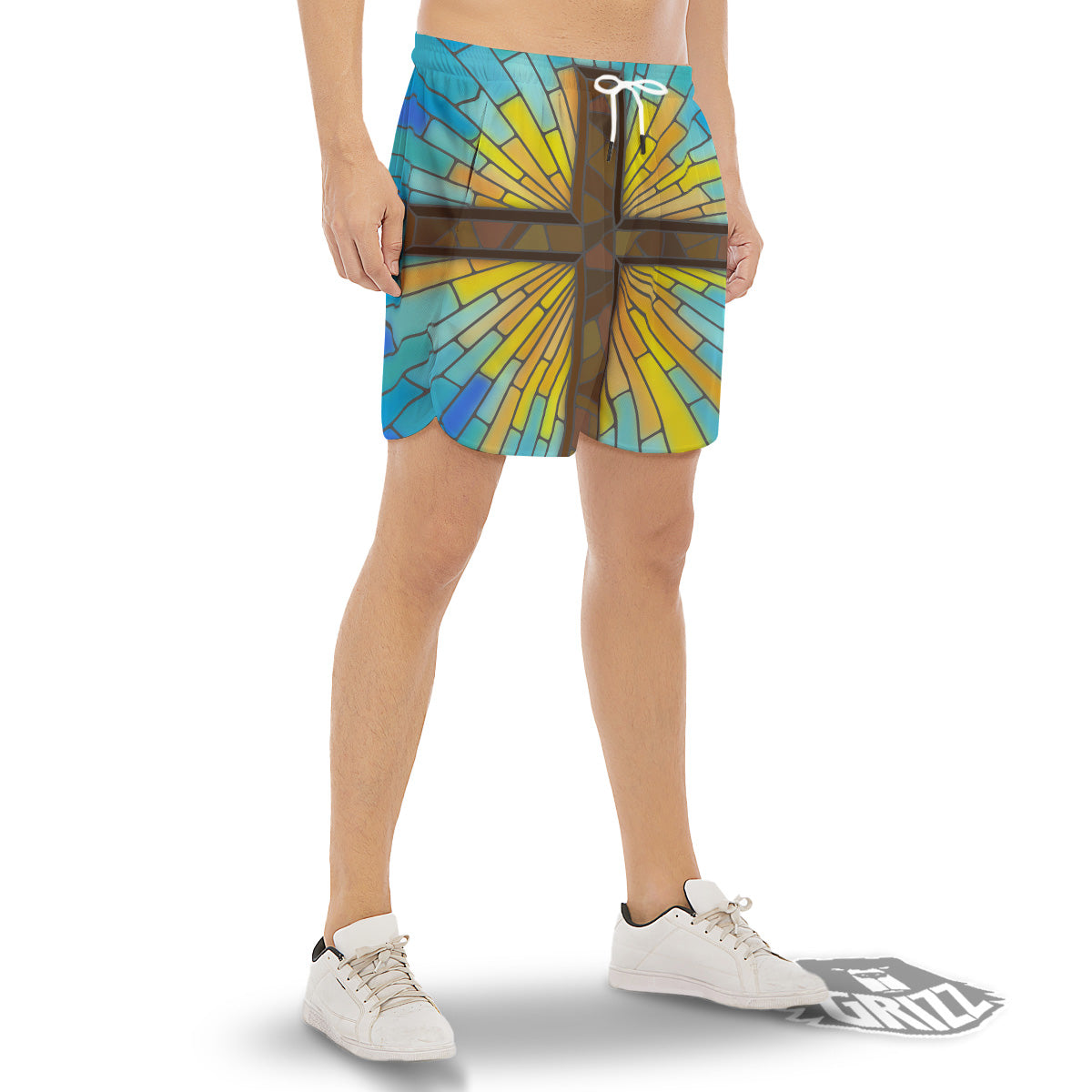 Glass Cross Blue Stained Print Men's Gym Shorts-grizzshop