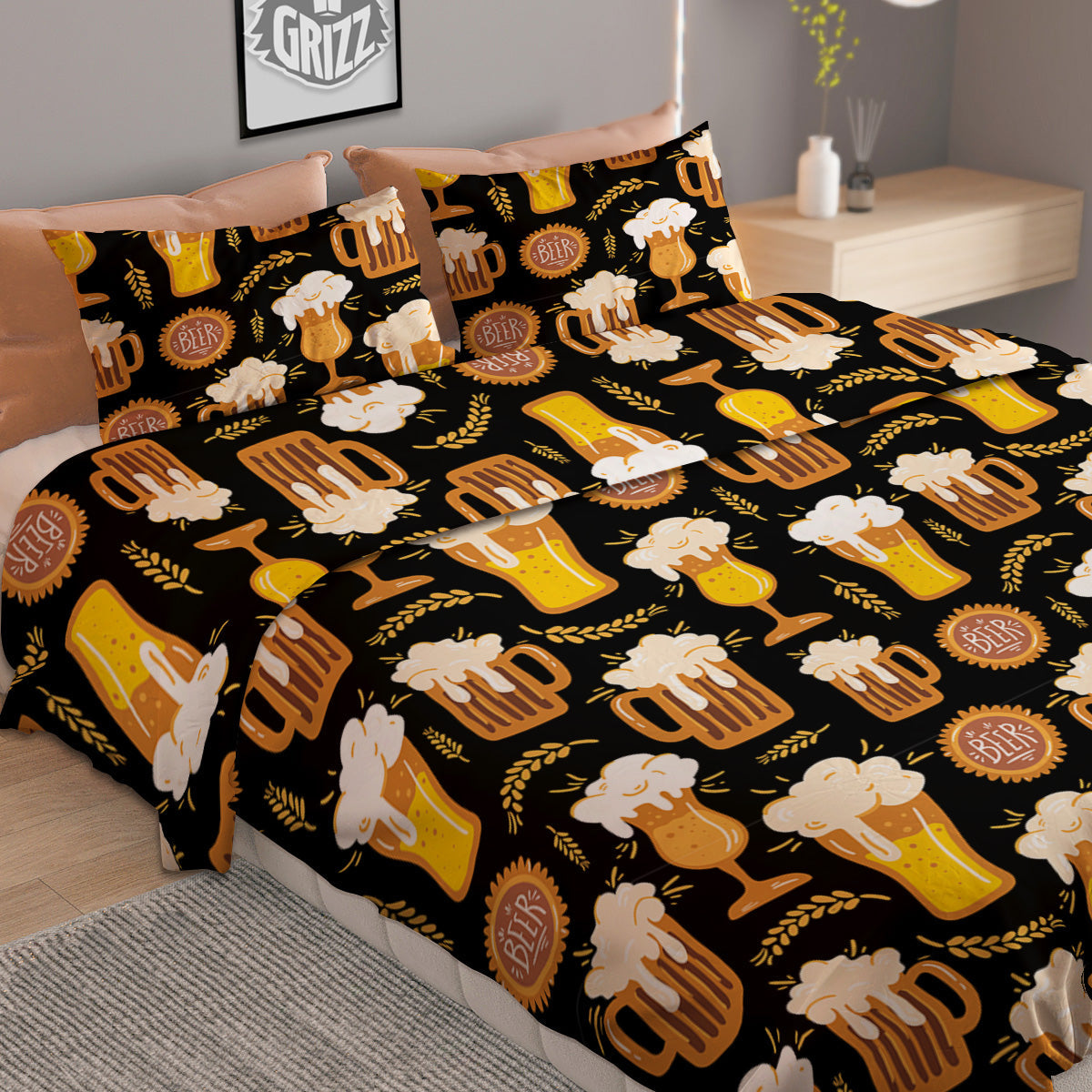 Glasses Of Beer Vintage Print Pattern Duvet Cover Bedding Set