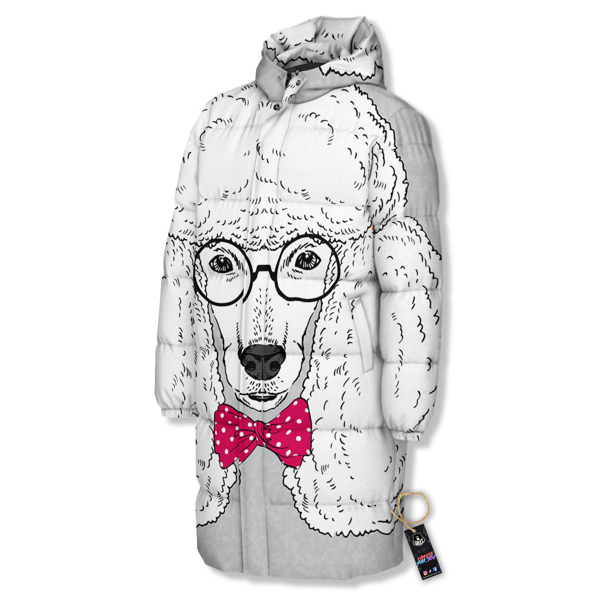 Glasses Poodle Print Long Down Jacket-grizzshop