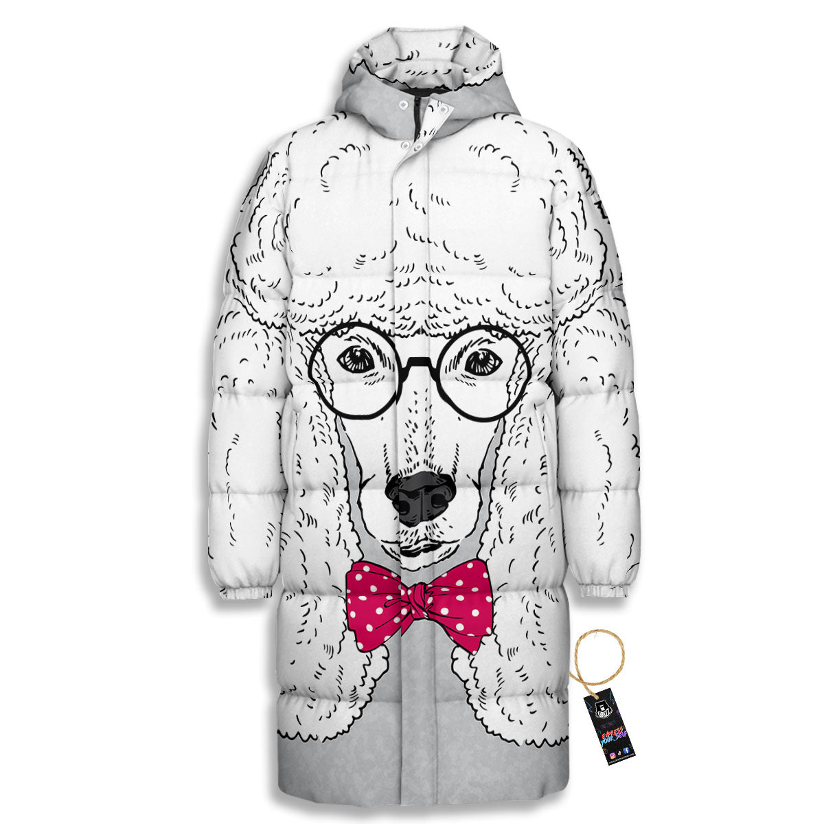 Glasses Poodle Print Long Down Jacket-grizzshop