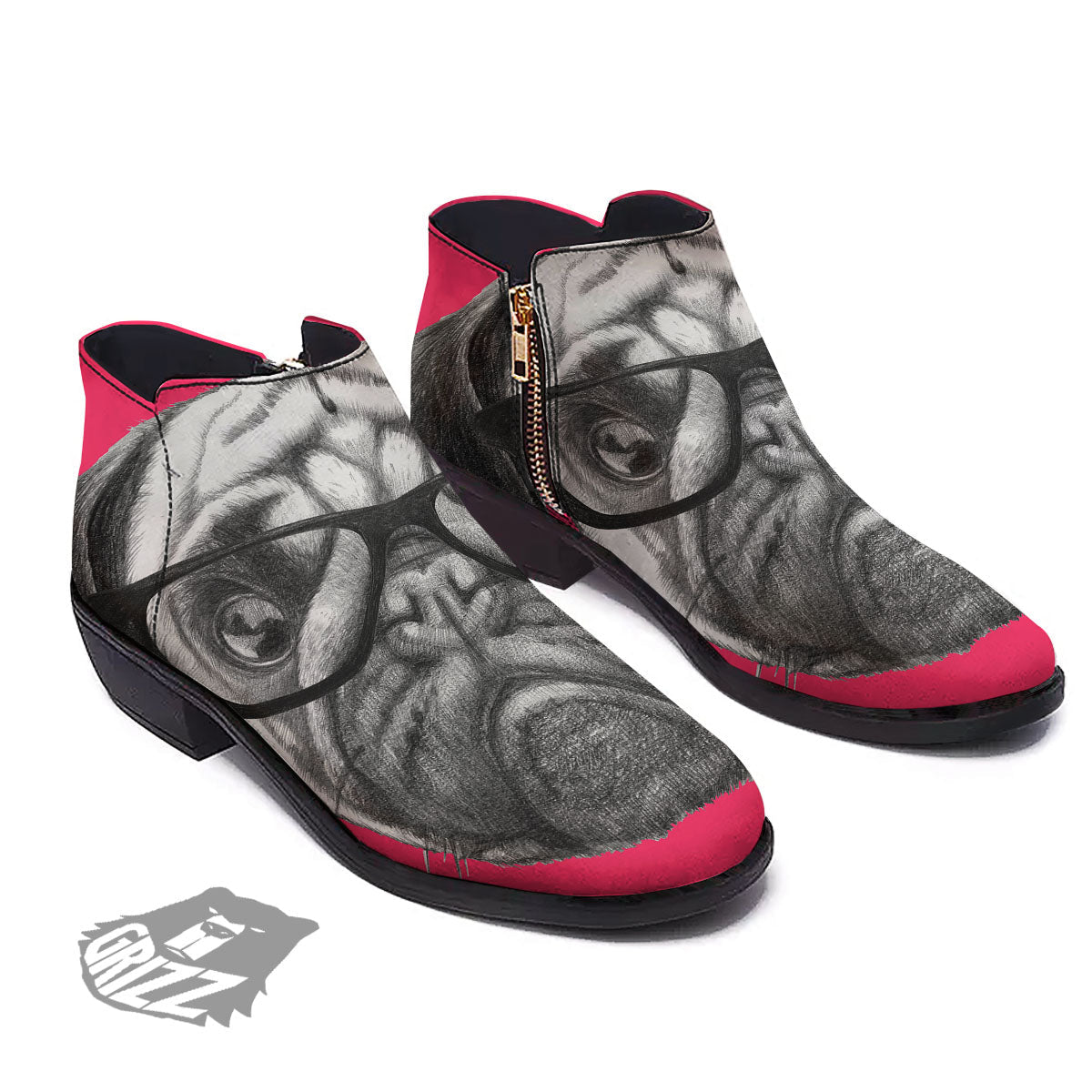 Glasses Pug Portrait Print Ankle Boots-grizzshop