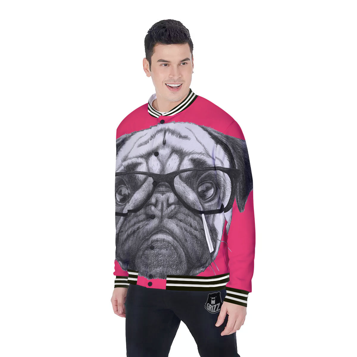 Glasses Pug Portrait Print Baseball Jacket-grizzshop