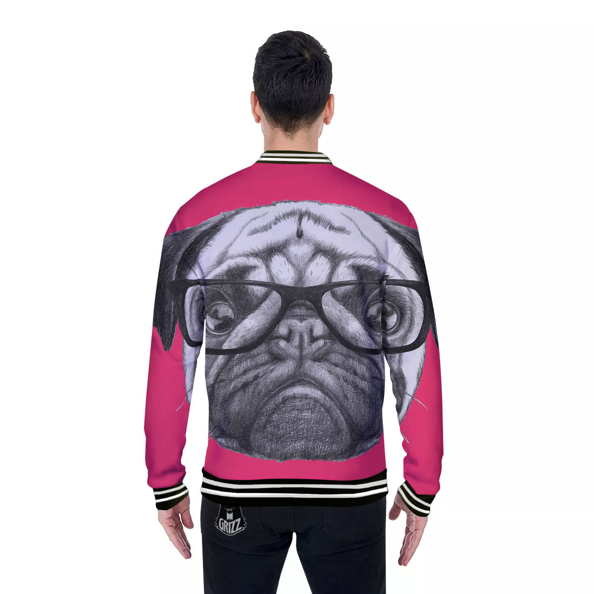 Glasses Pug Portrait Print Baseball Jacket-grizzshop
