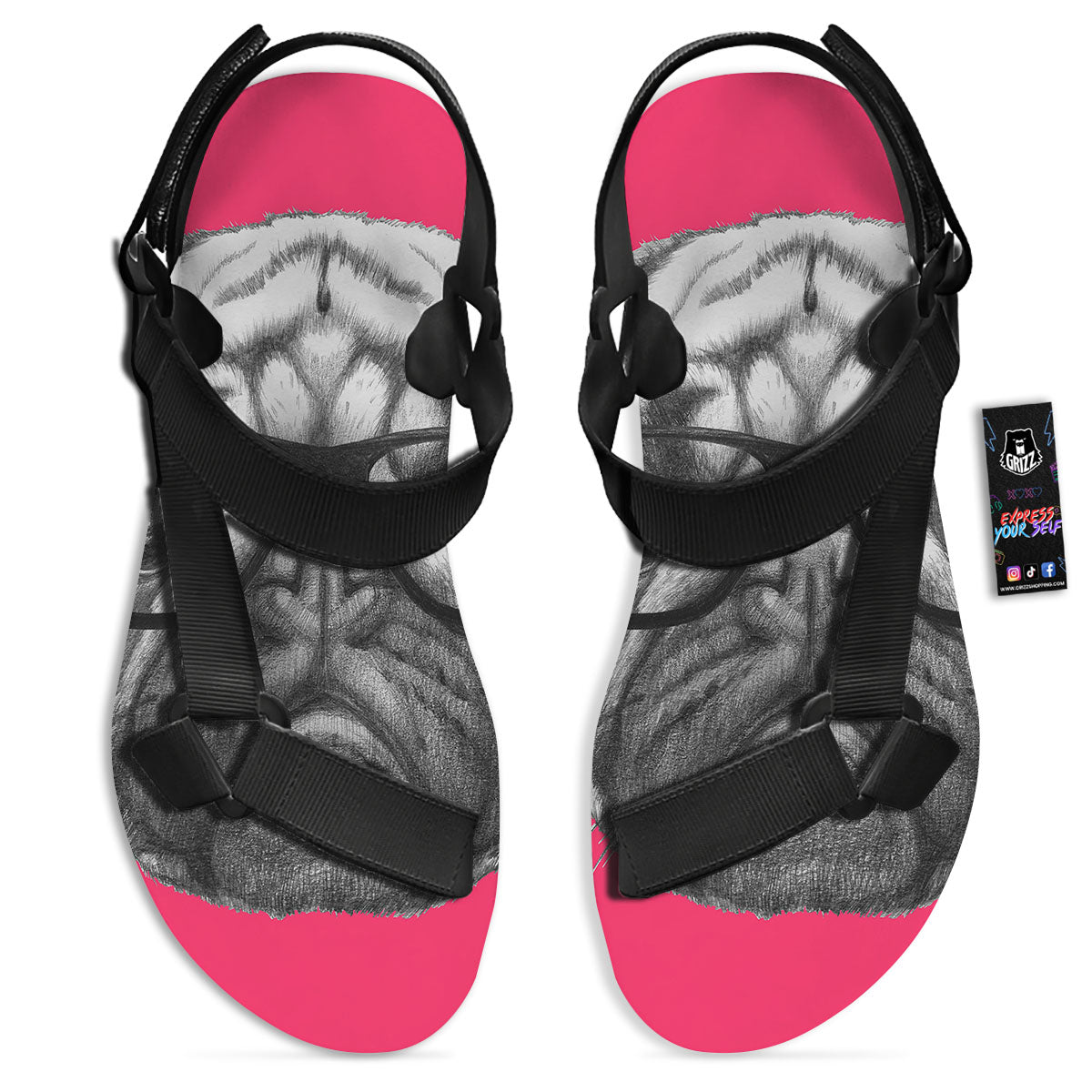 Glasses Pug Portrait Print Black Open Toe Sandals-grizzshop