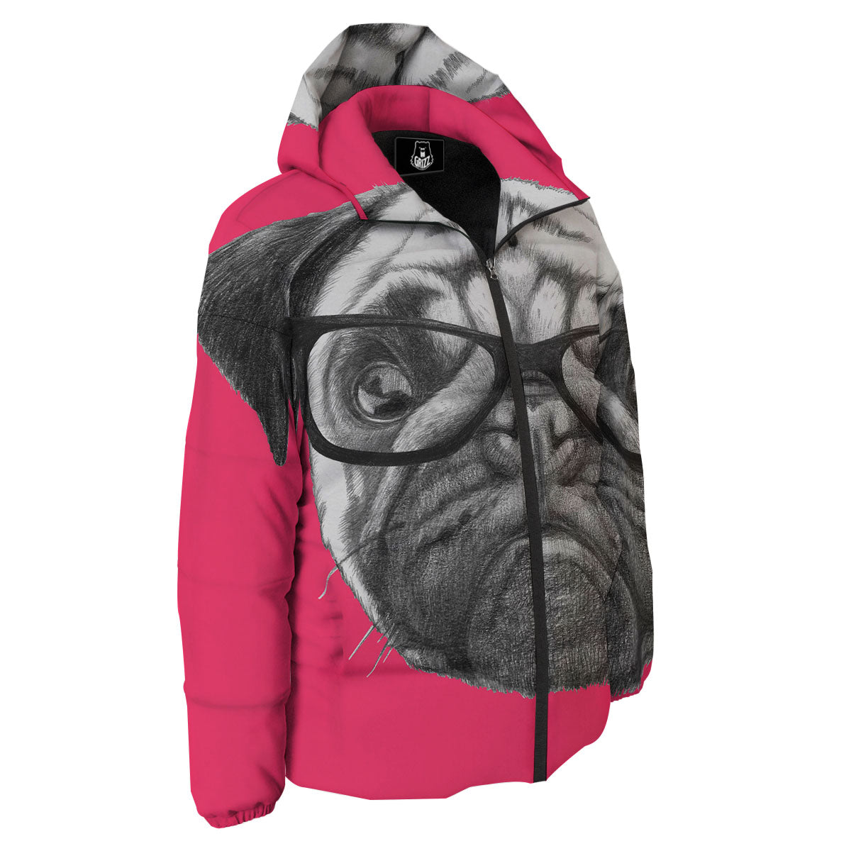 Glasses Pug Portrait Print Down Jacket-grizzshop