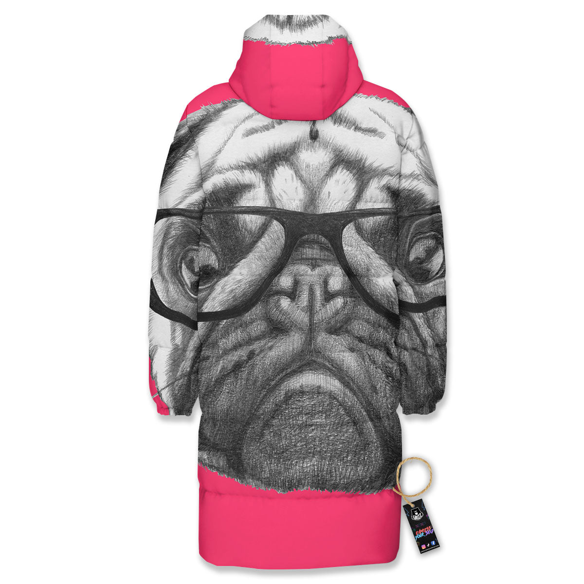 Glasses Pug Portrait Print Long Down Jacket-grizzshop