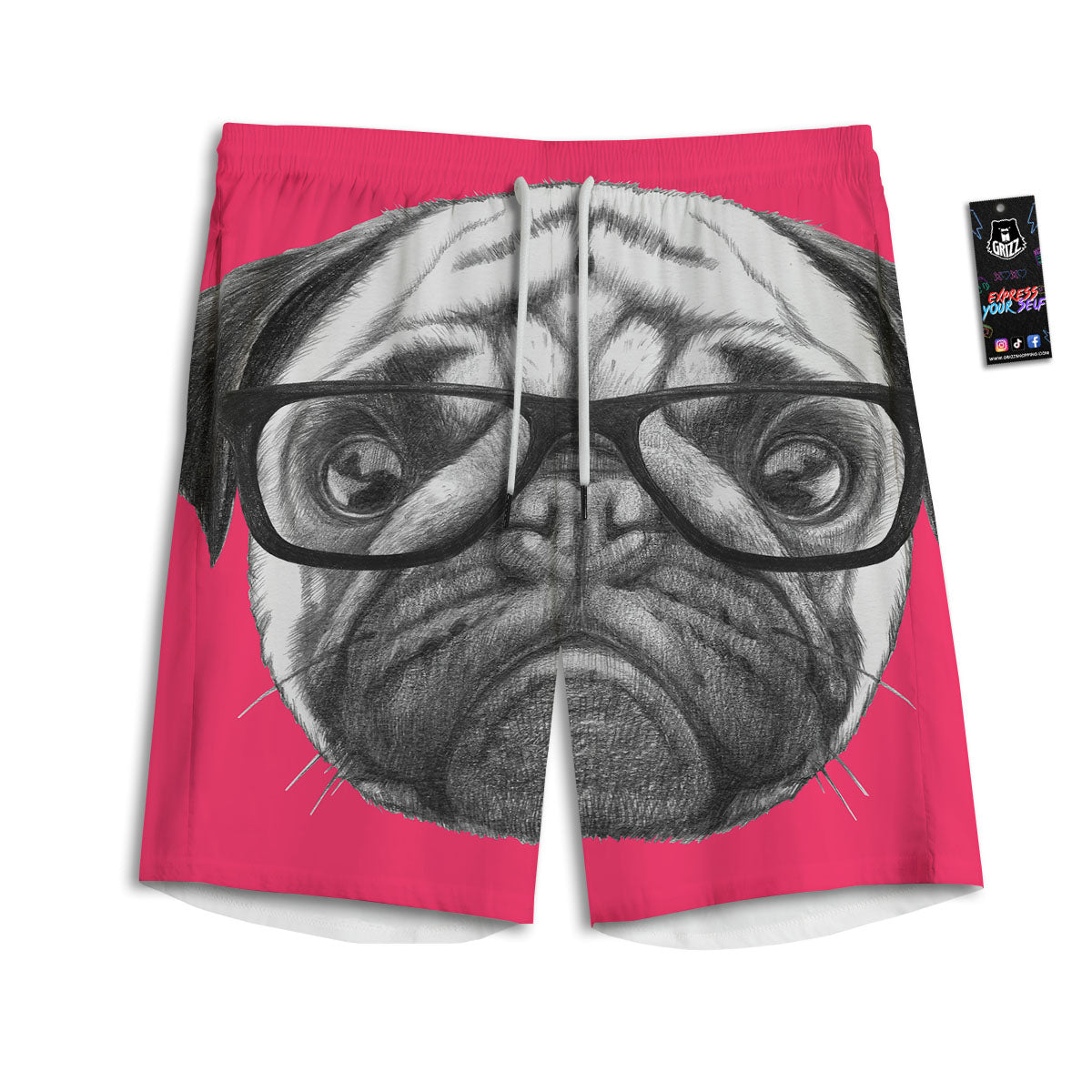 Glasses Pug Portrait Print Men's Athletic Shorts