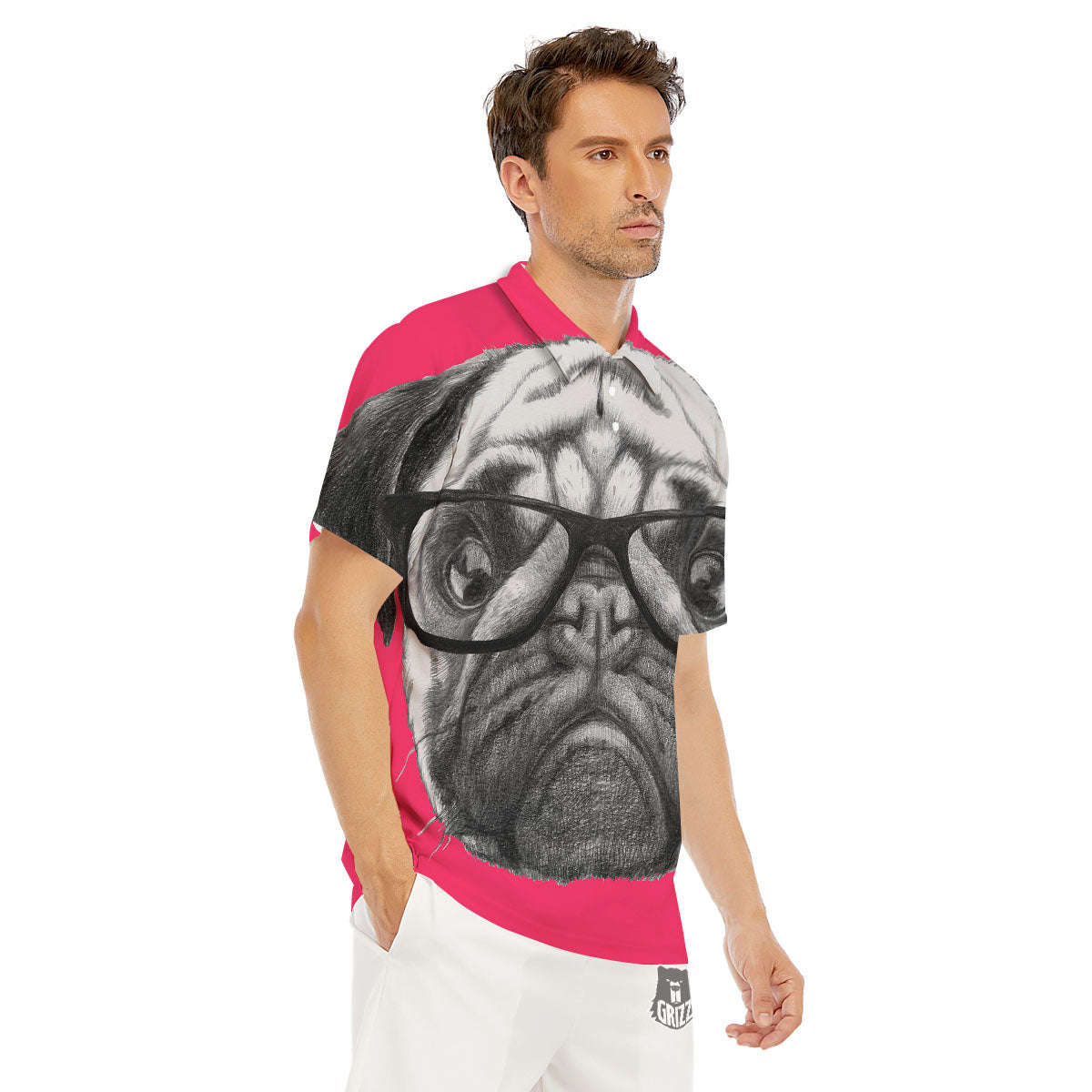 Glasses Pug Portrait Print Men's Golf Shirts-grizzshop