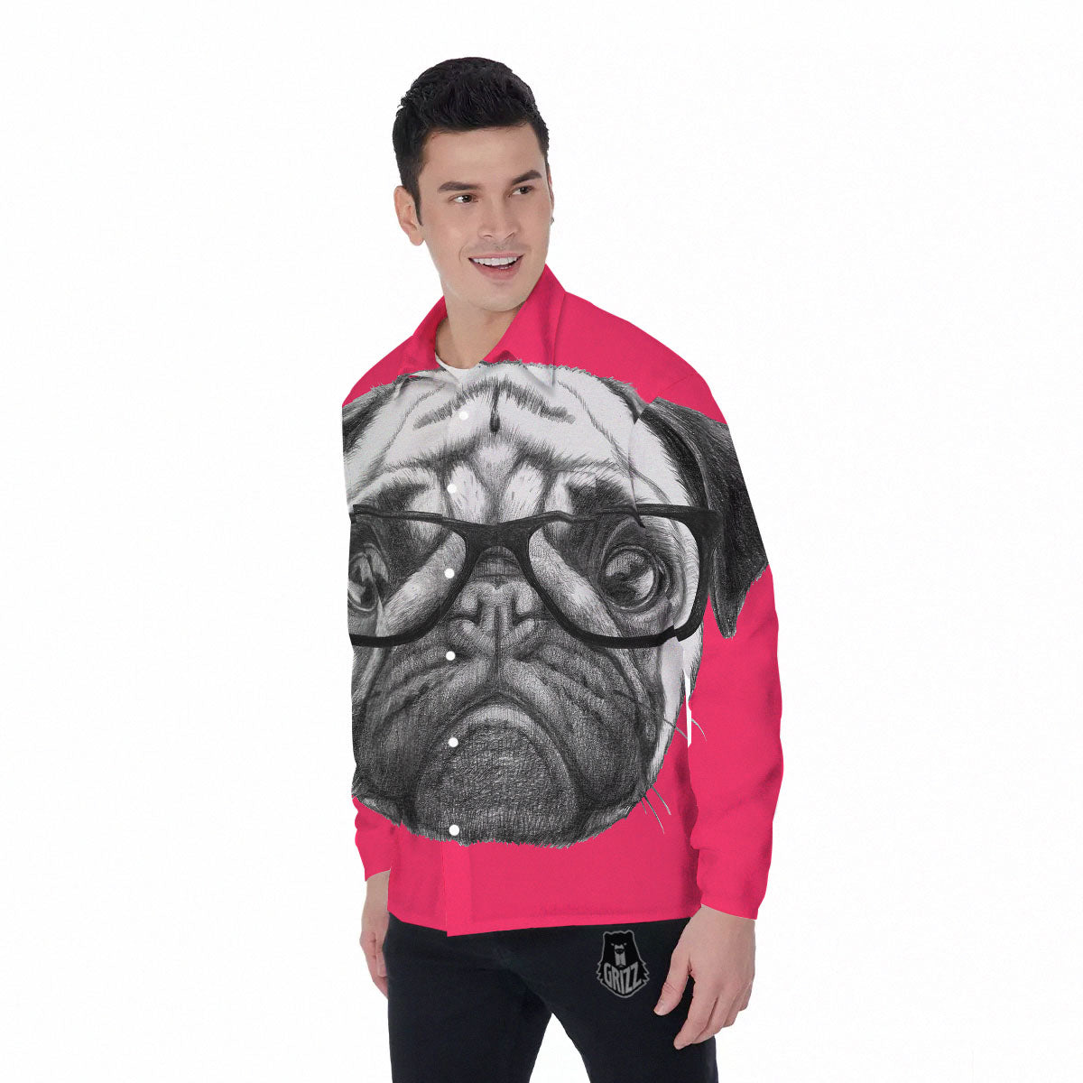 Glasses Pug Portrait Print Men's Long Sleeve Shirts-grizzshop