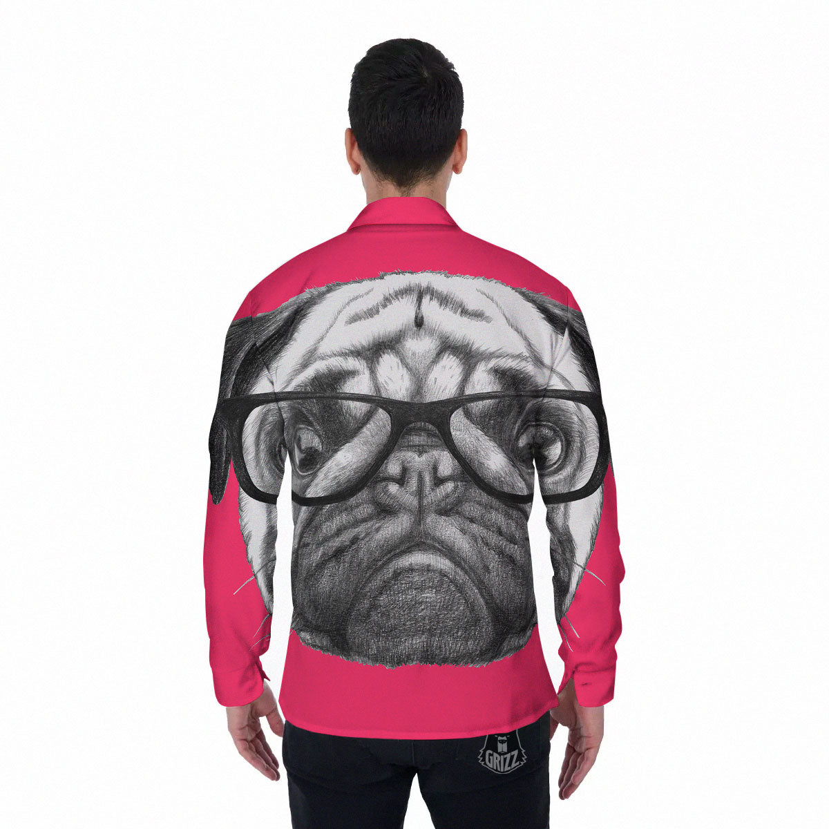 Glasses Pug Portrait Print Men's Long Sleeve Shirts-grizzshop