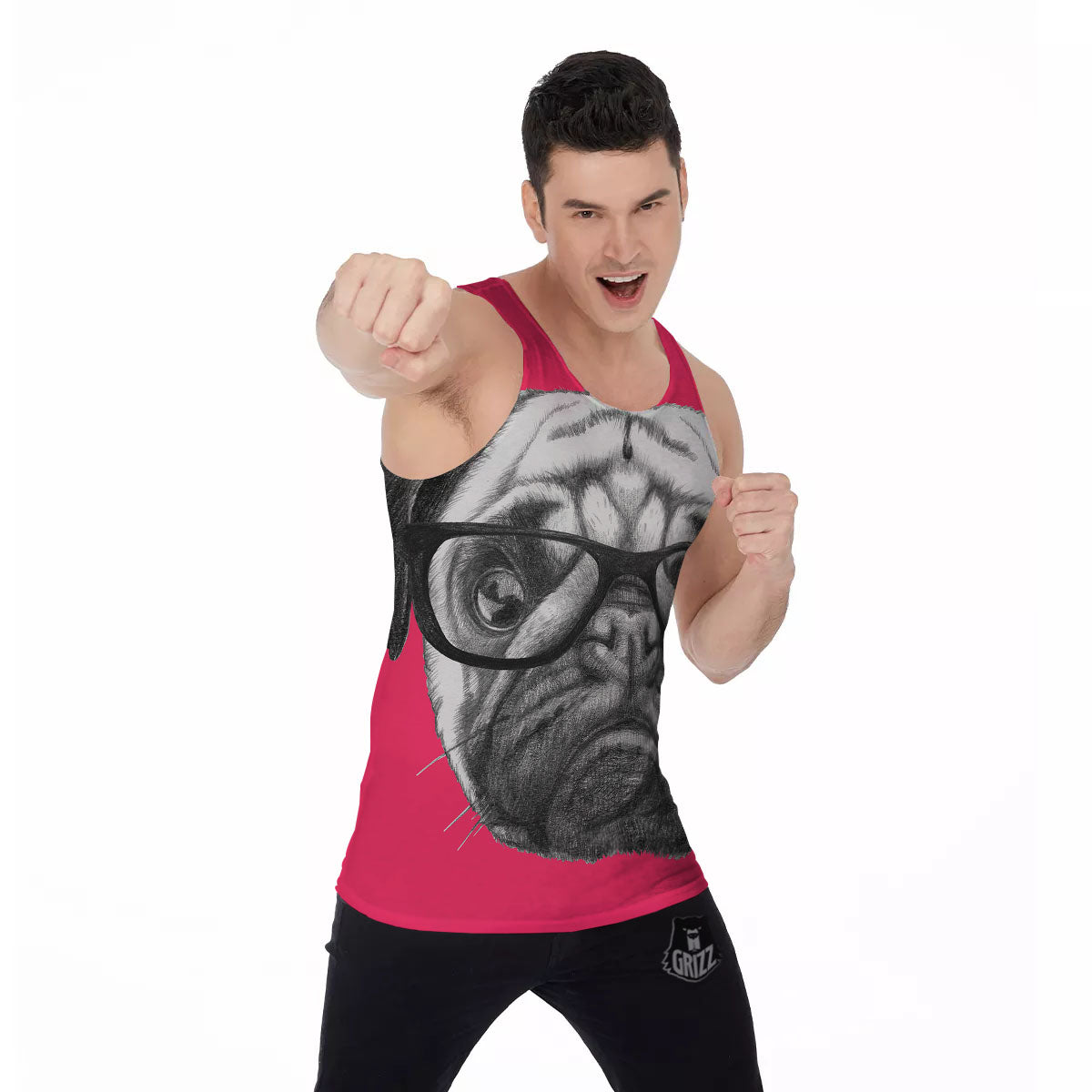 Glasses Pug Portrait Print Men's Tank Top-grizzshop