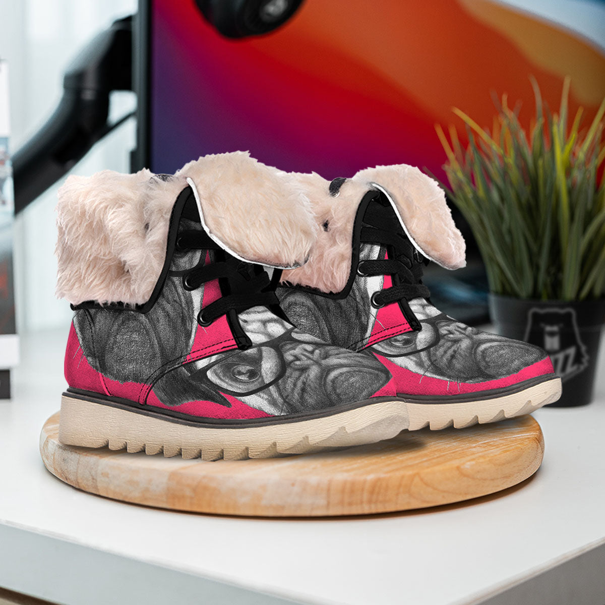 Glasses Pug Portrait Print Snow Boots-grizzshop