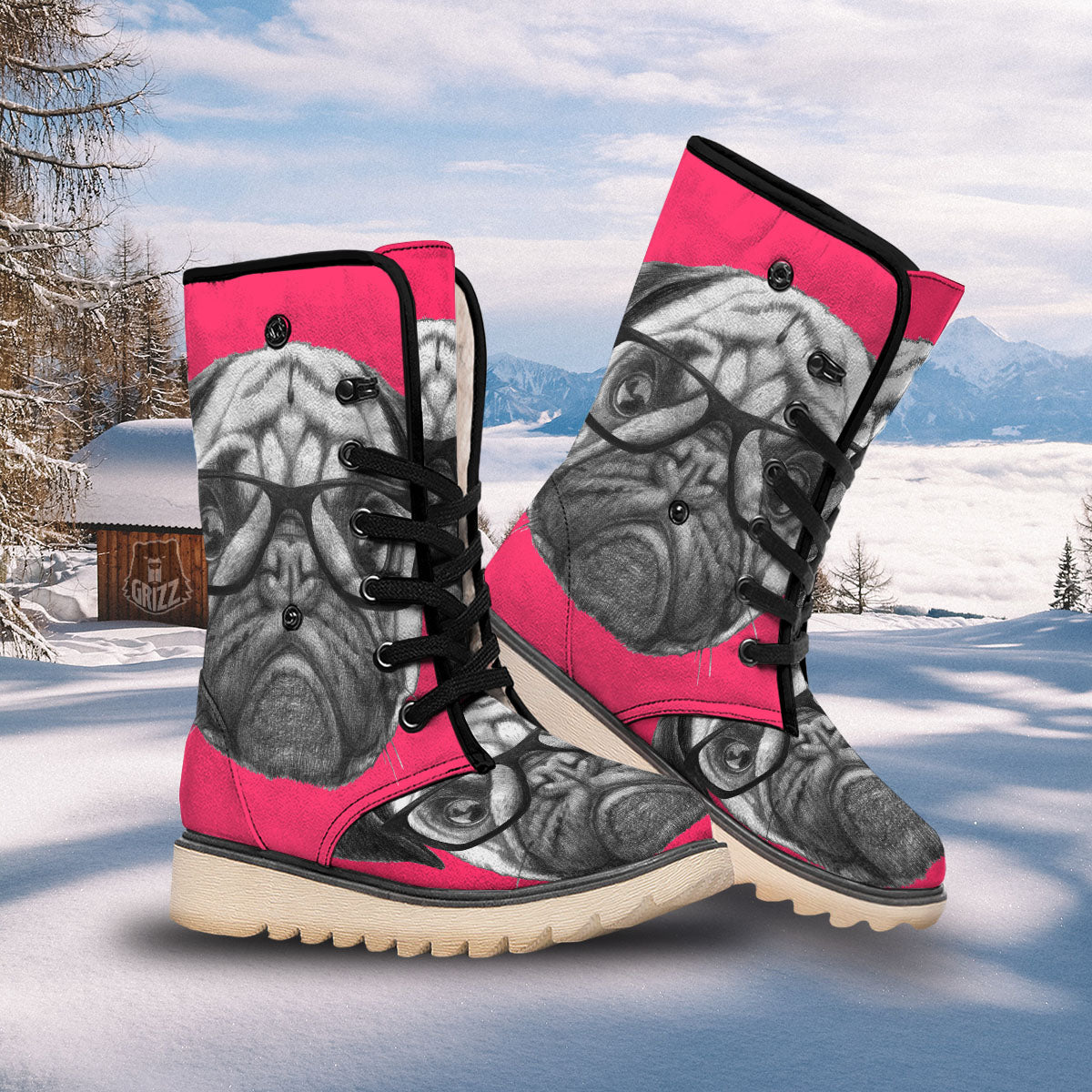 Glasses Pug Portrait Print Snow Boots-grizzshop