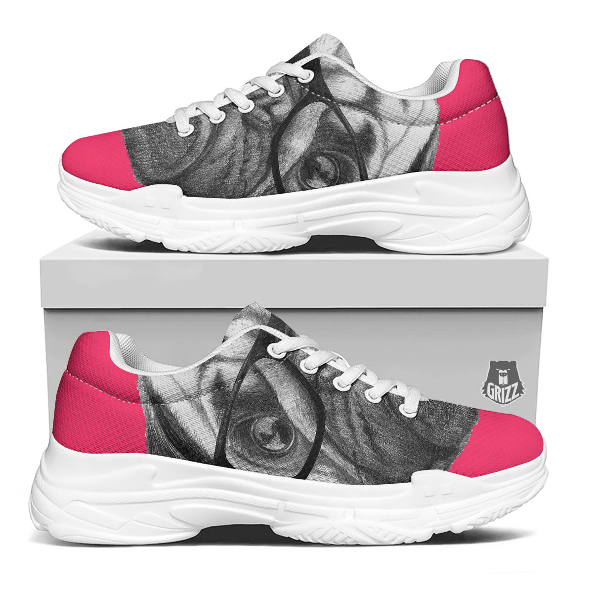 Glasses Pug Portrait Print White Chunky Shoes-grizzshop