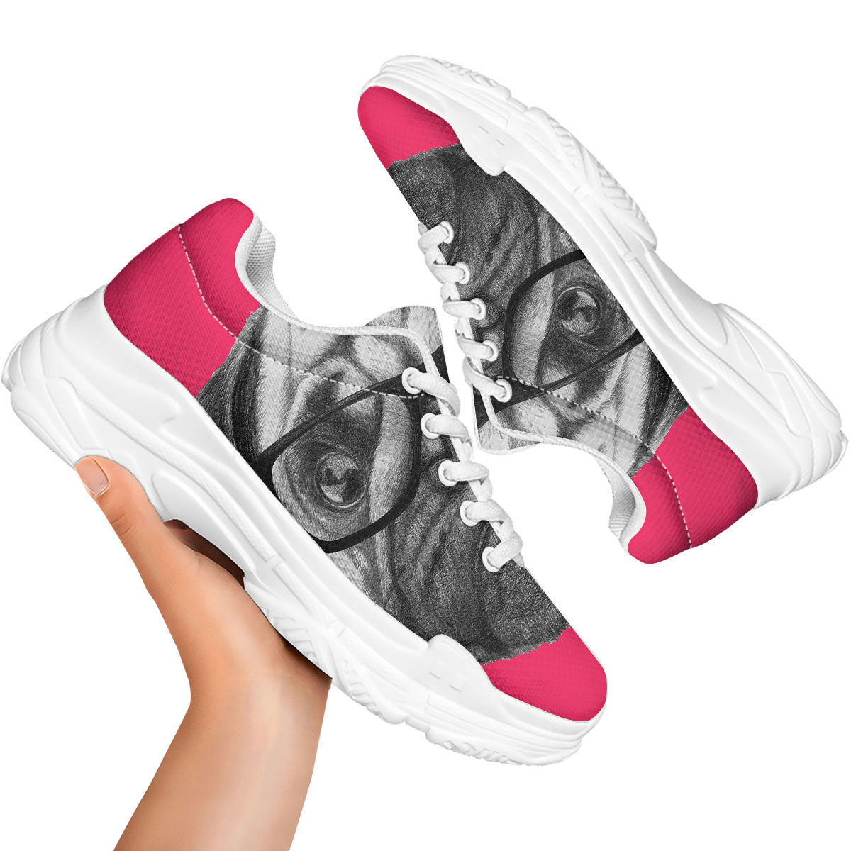 Glasses Pug Portrait Print White Chunky Shoes-grizzshop