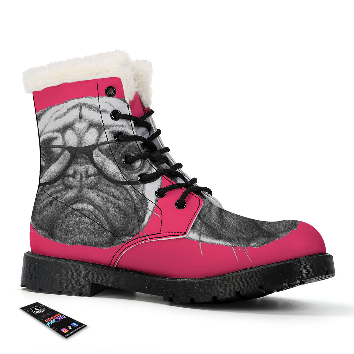 Glasses Pug Portrait Print Winter Boots-grizzshop