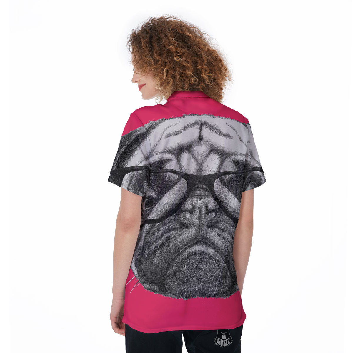 Glasses Pug Portrait Print Women's Golf Shirts-grizzshop